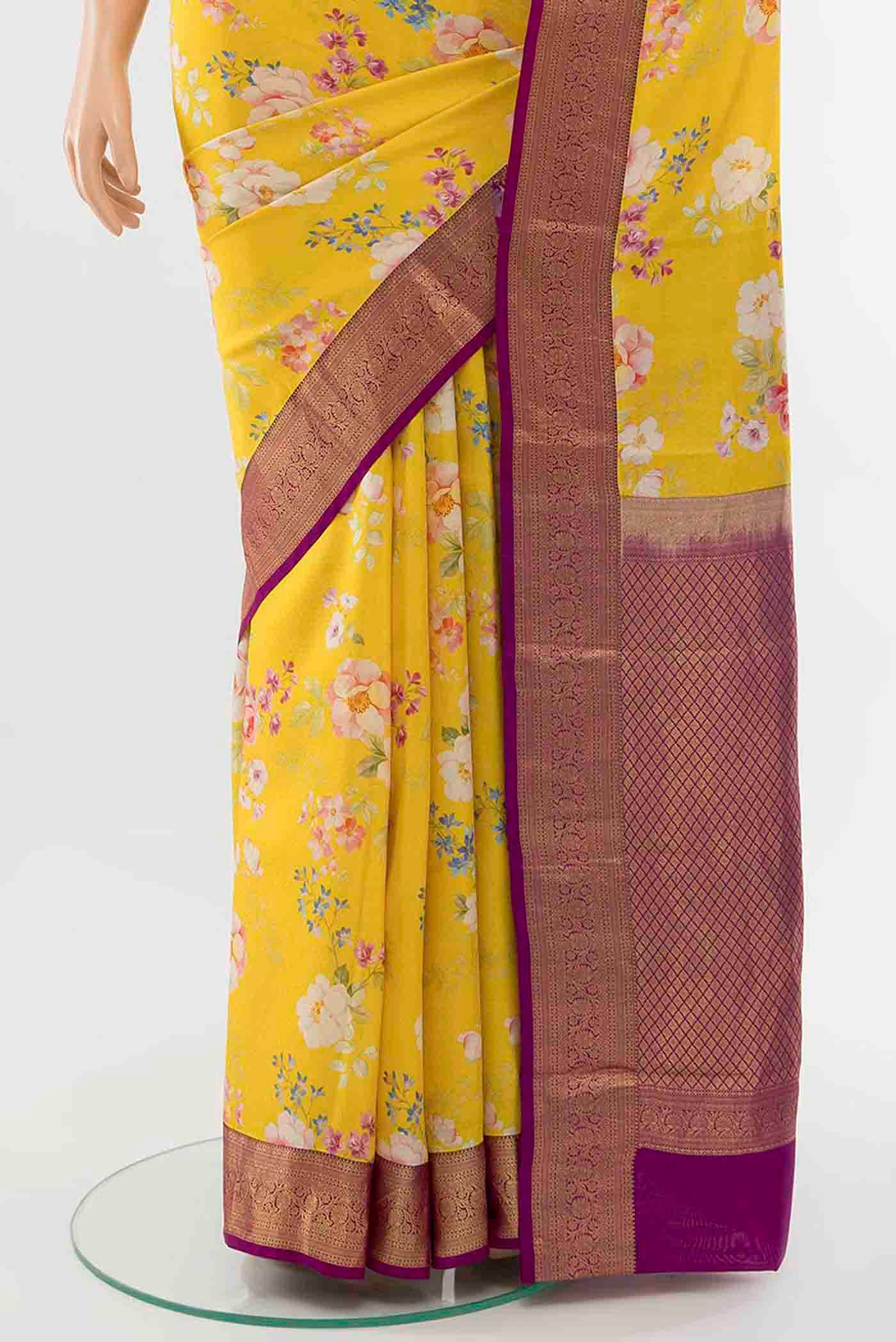Lemon Yellow Printed Silk Saree - Image 3