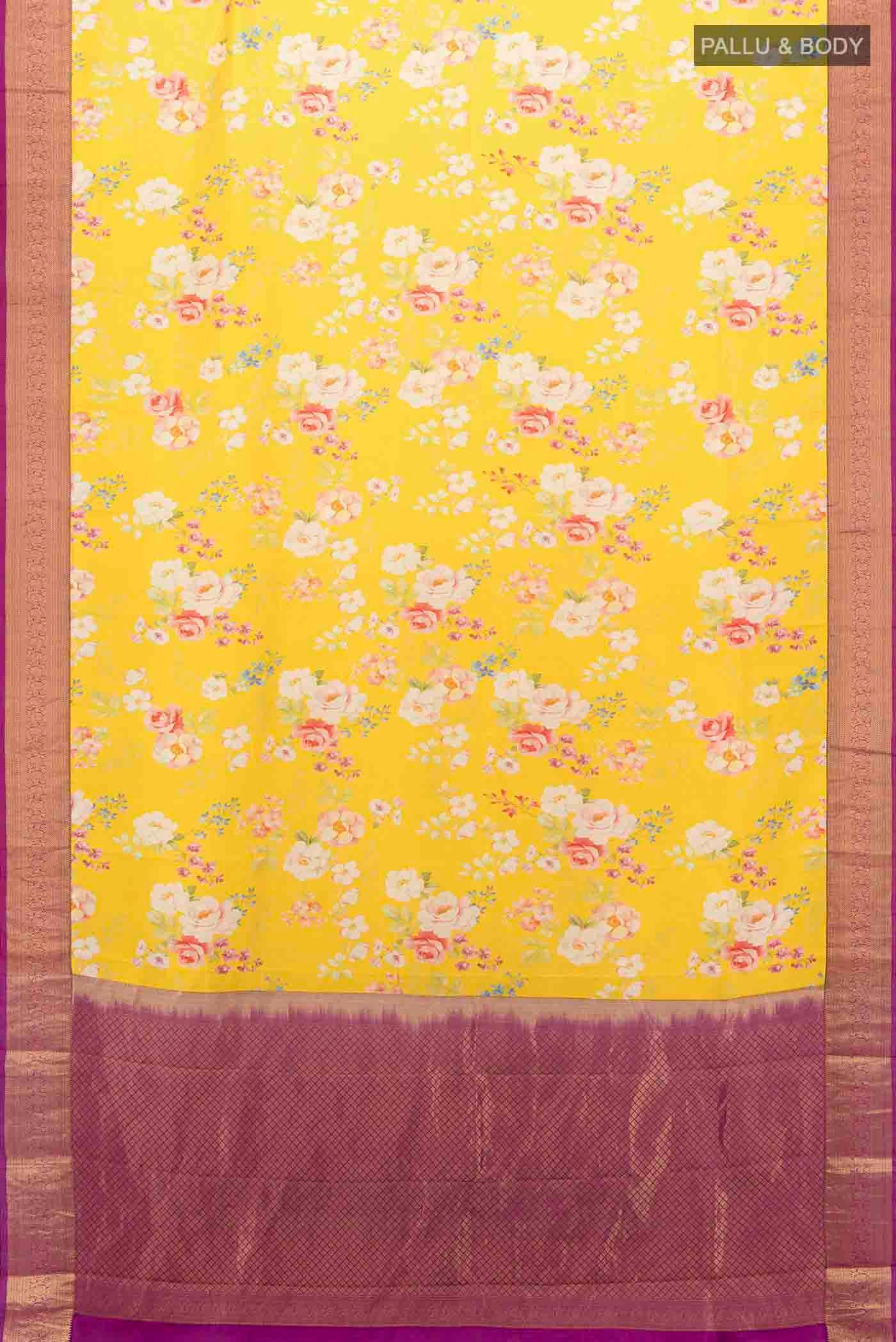 Lemon Yellow Printed Silk Saree - Image 5
