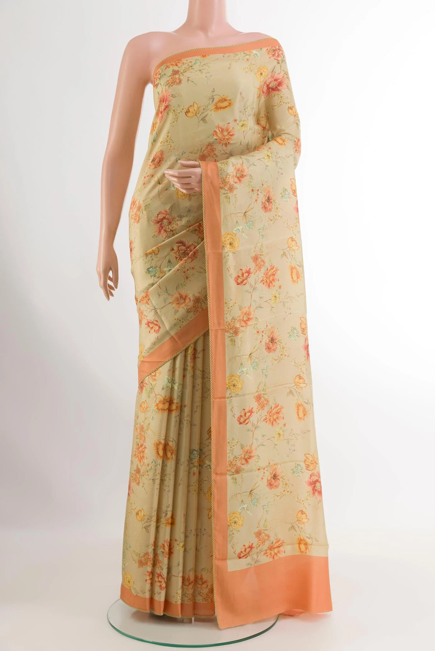 Beige Printed Silk Saree