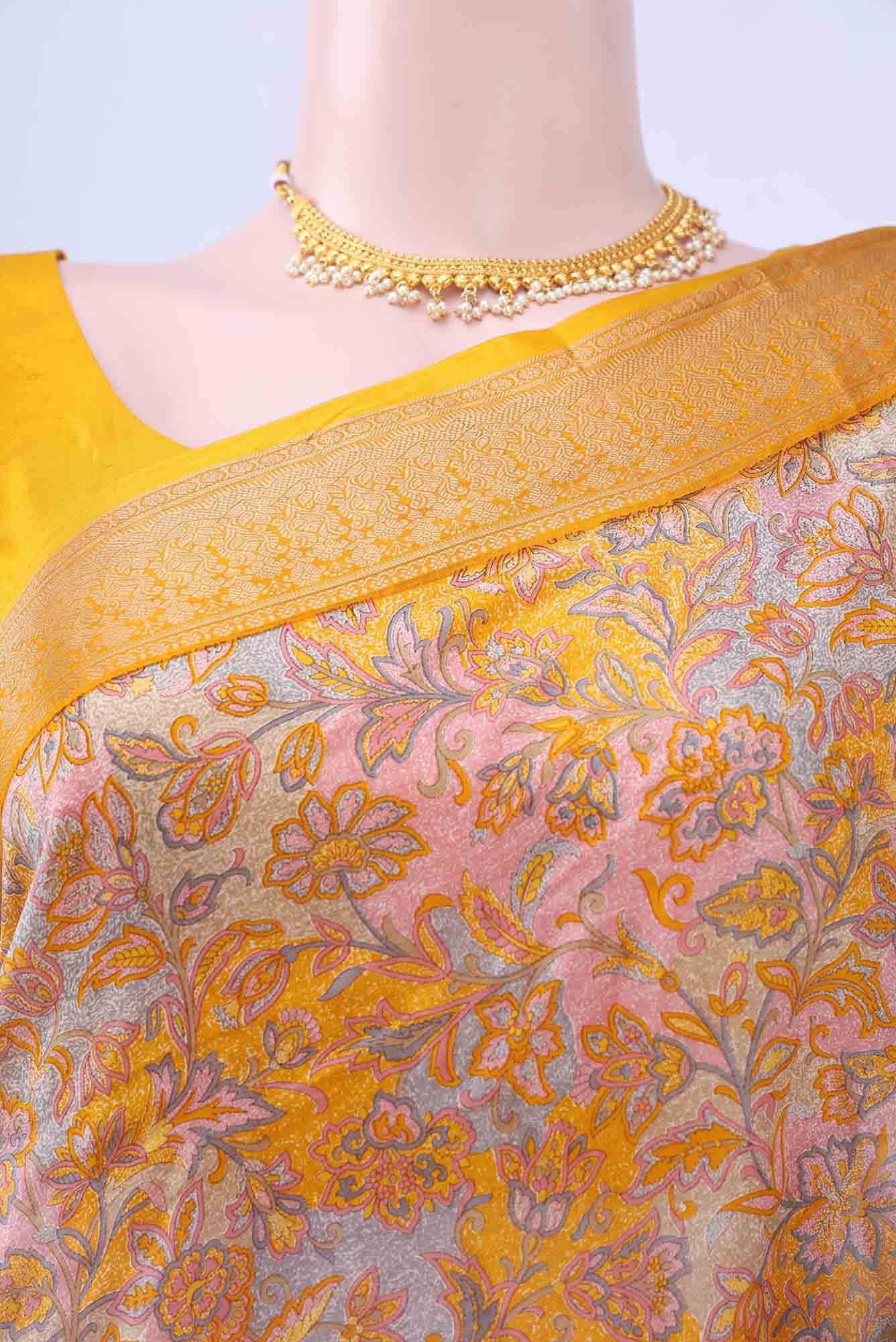 Lemon Yellow Printed Silk Saree - Image 2