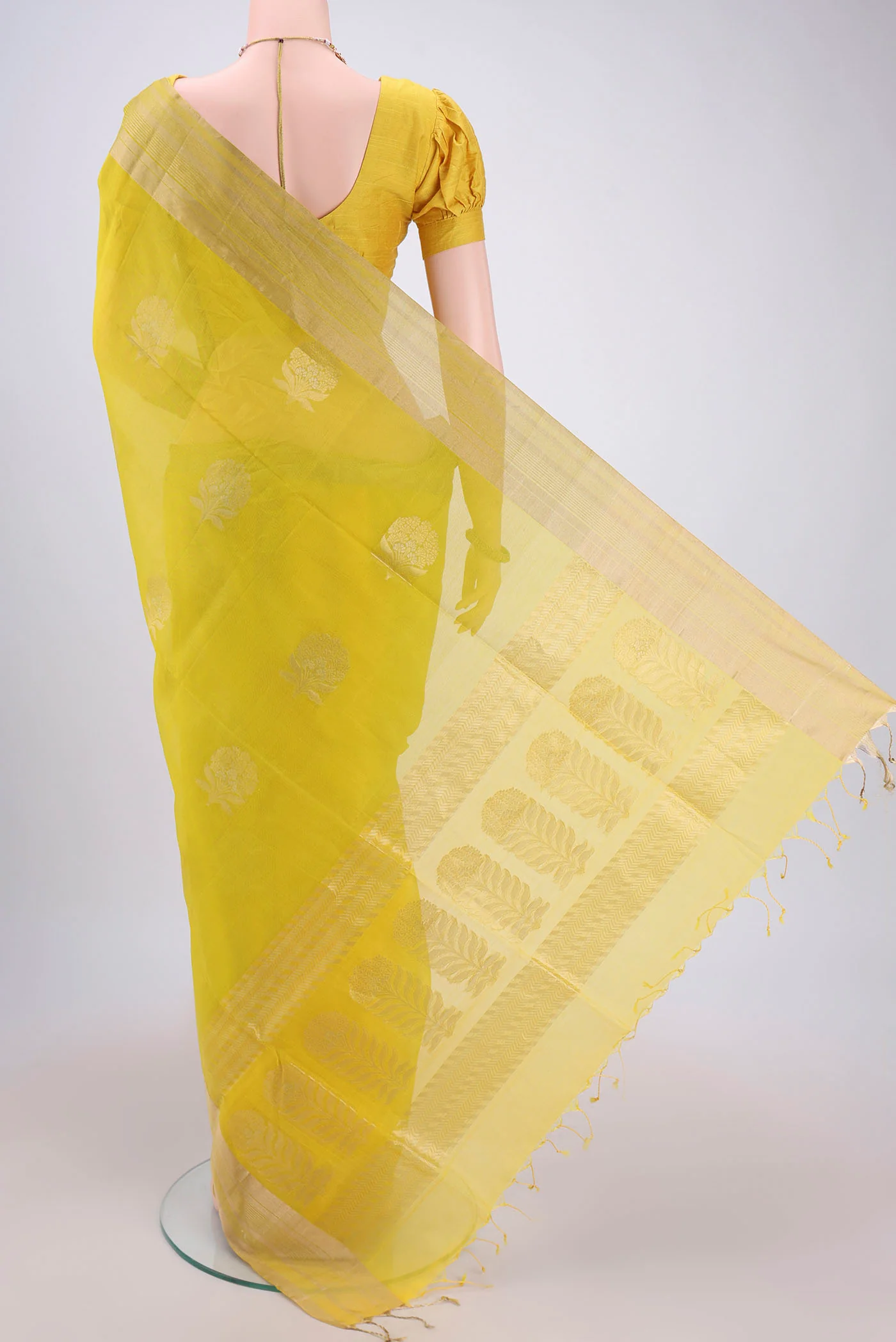 Lemon Yellow Silk Cotton Saree - Image 3