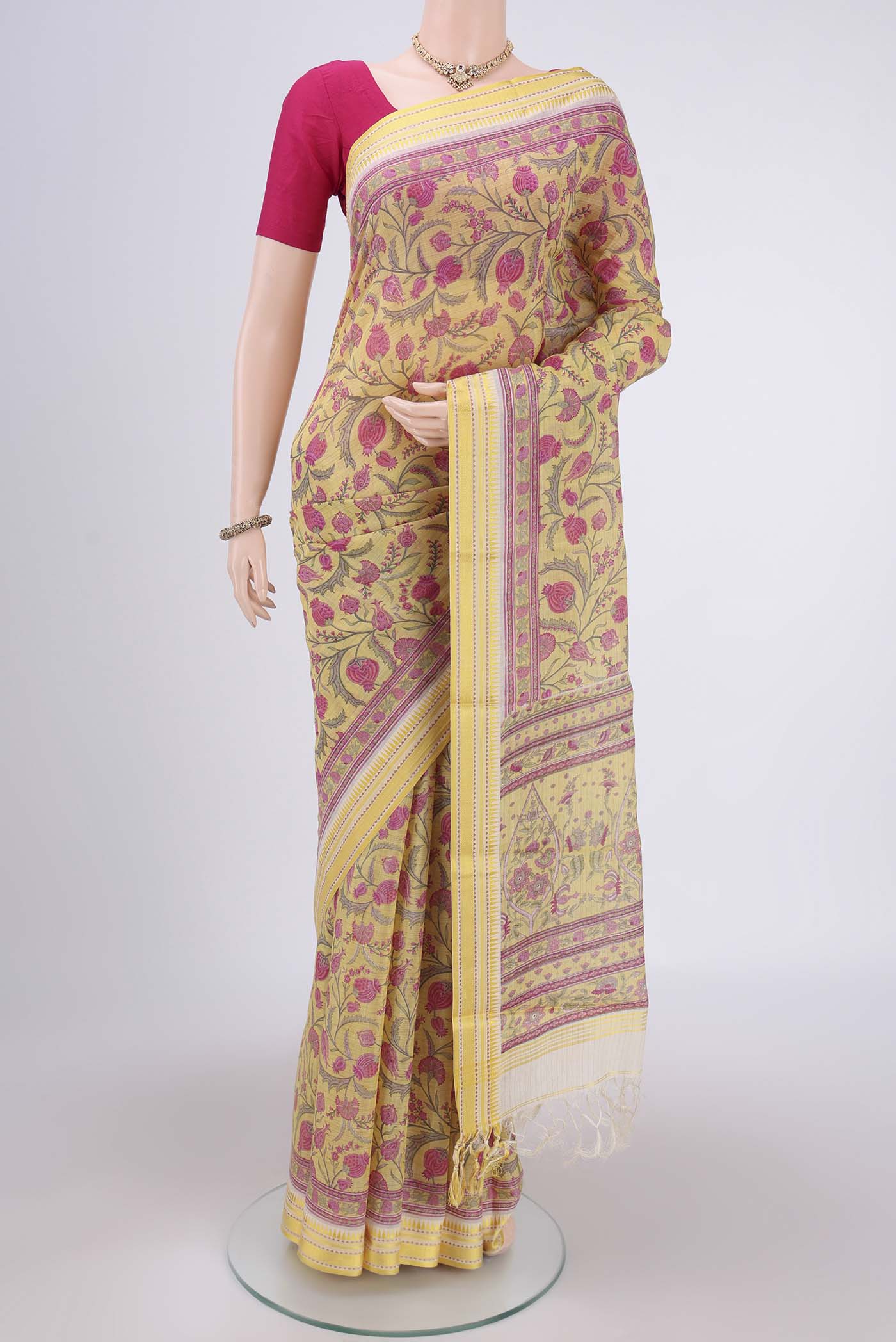 Lemon Yellow Tussar Silk Saree