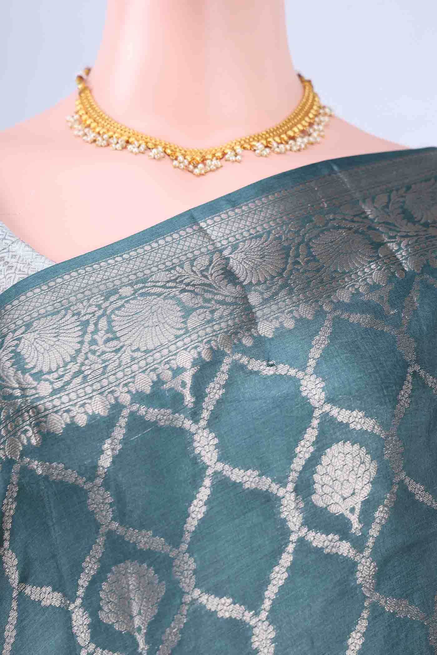 Light Blue Banarasi Tussar Silk Saree - Image 3