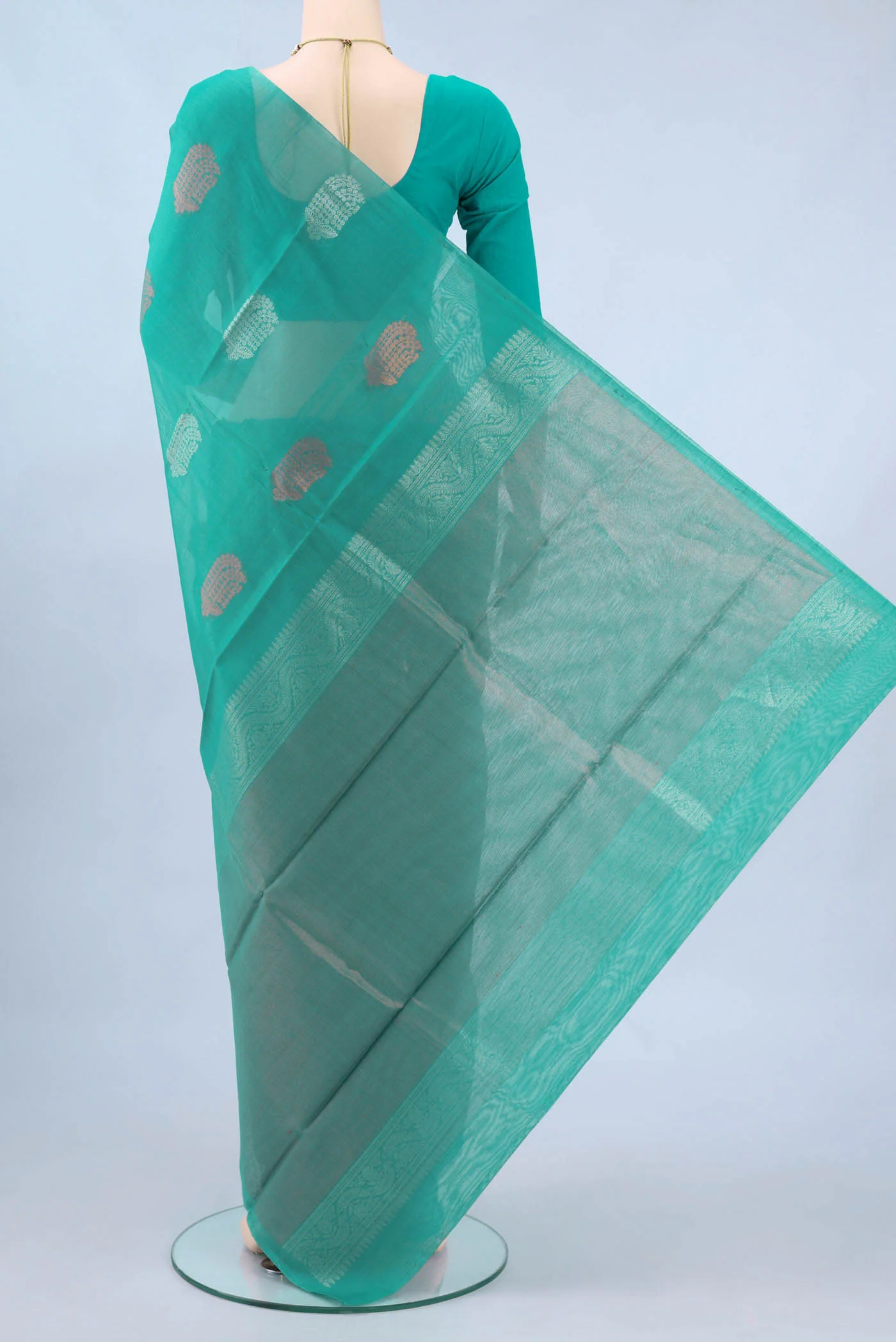 Light Blue Kora Cotton Saree - Image 3