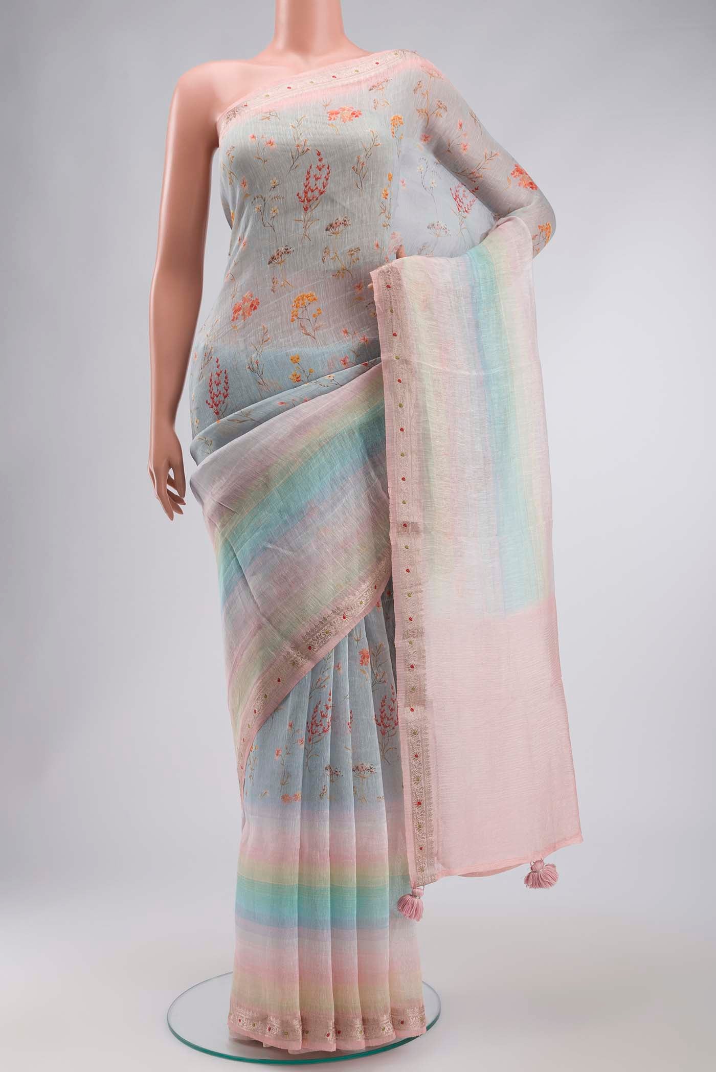 Light Blue Linen Cotton Saree