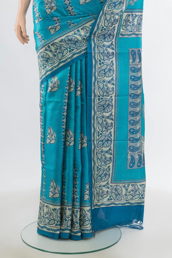 Sky Blue Tussar Silk Saree - Image 3