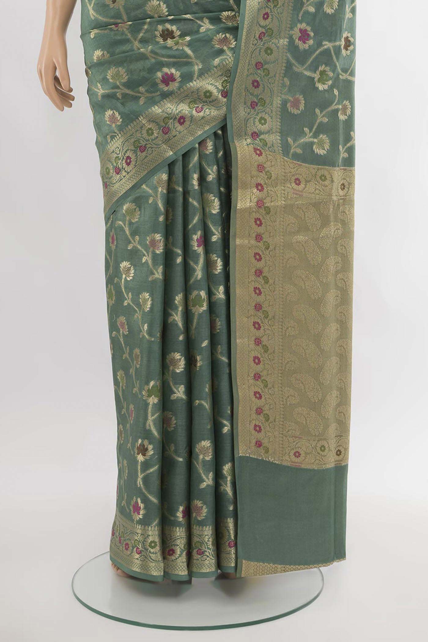 Blue Grey Banarasi Raw Silk Saree - Image 3
