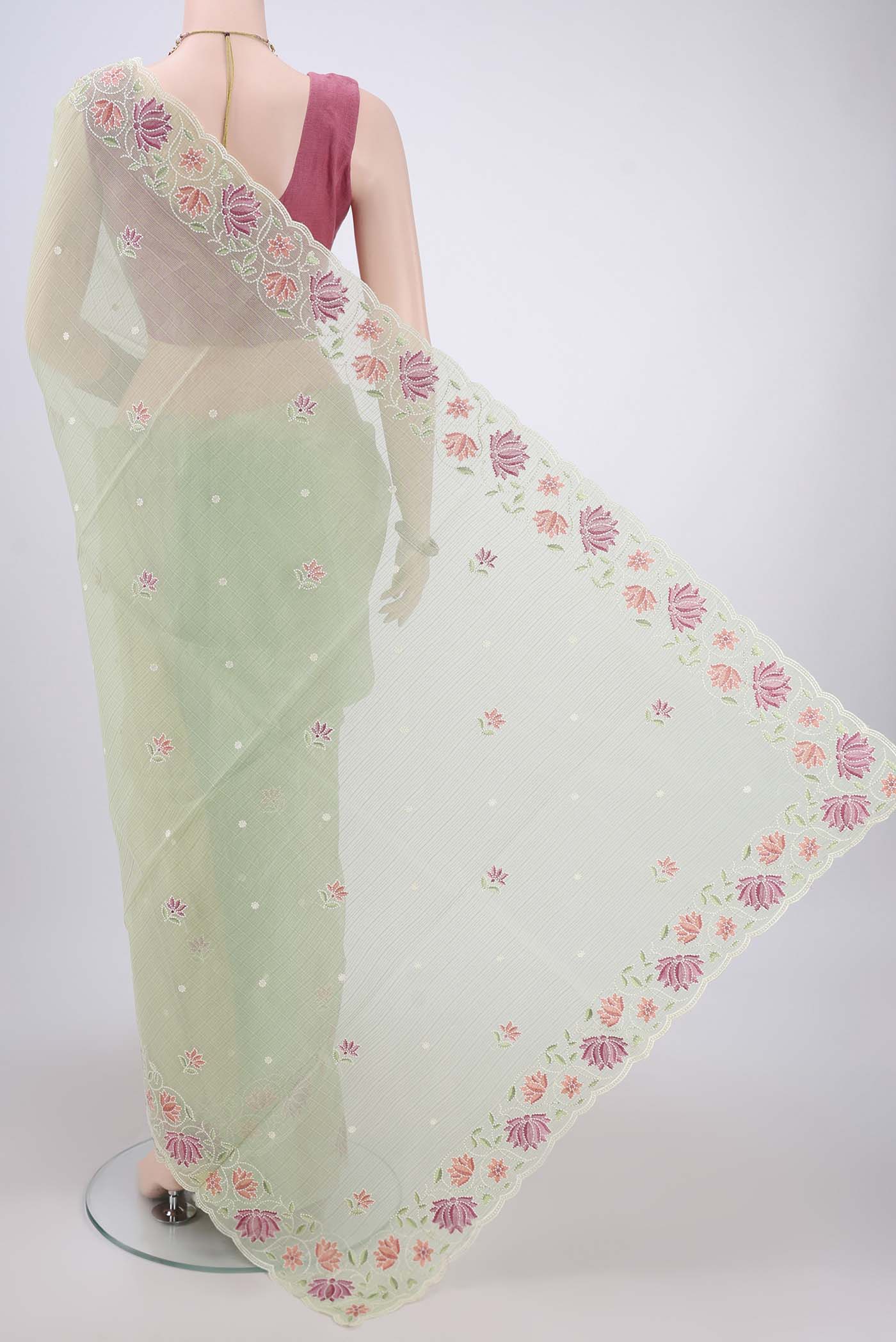 Light Green Blended Kota Cotton Saree - Image 3
