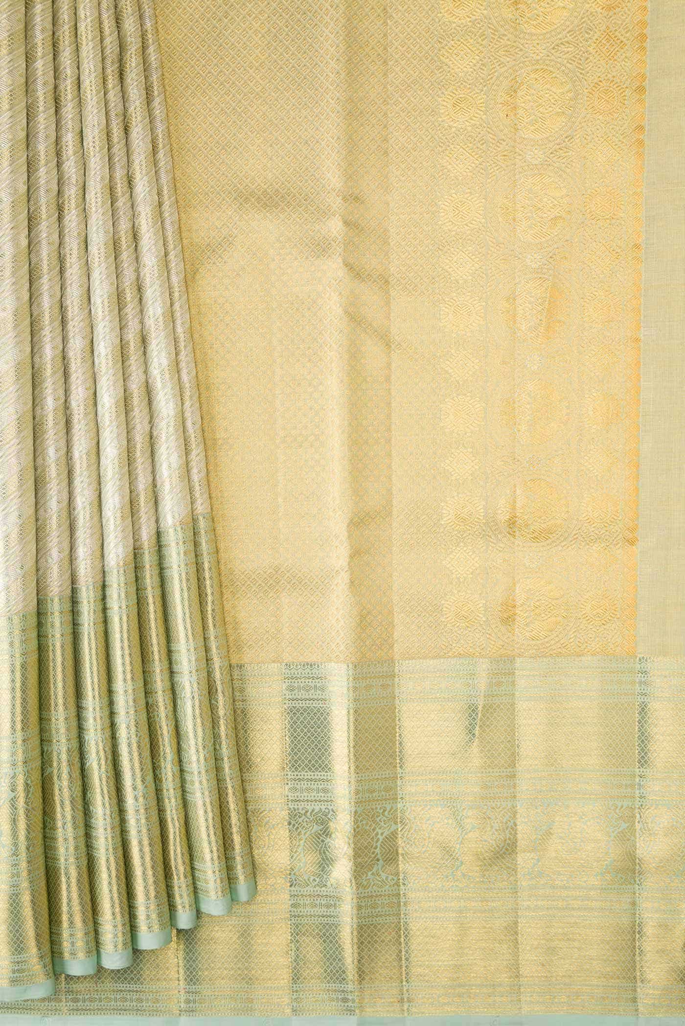 Light Green Dual Tone Kanjivaram Tissue Silk Saree - Image 2