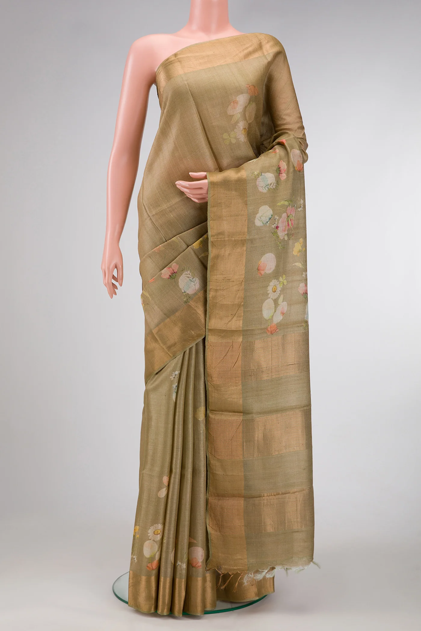 Beige Tussar Silk Saree