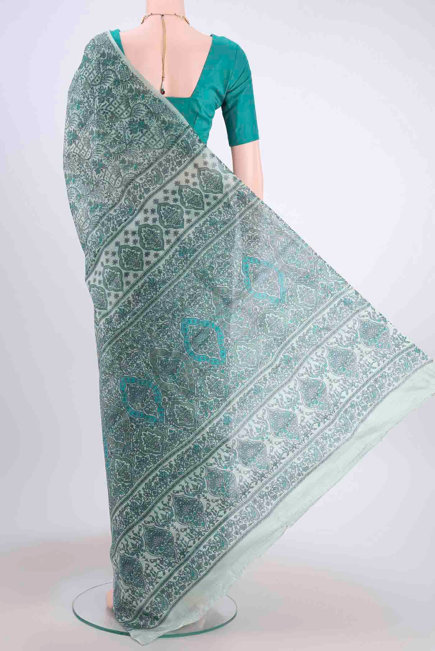 Light Green Printed Silk Saree - Image 3