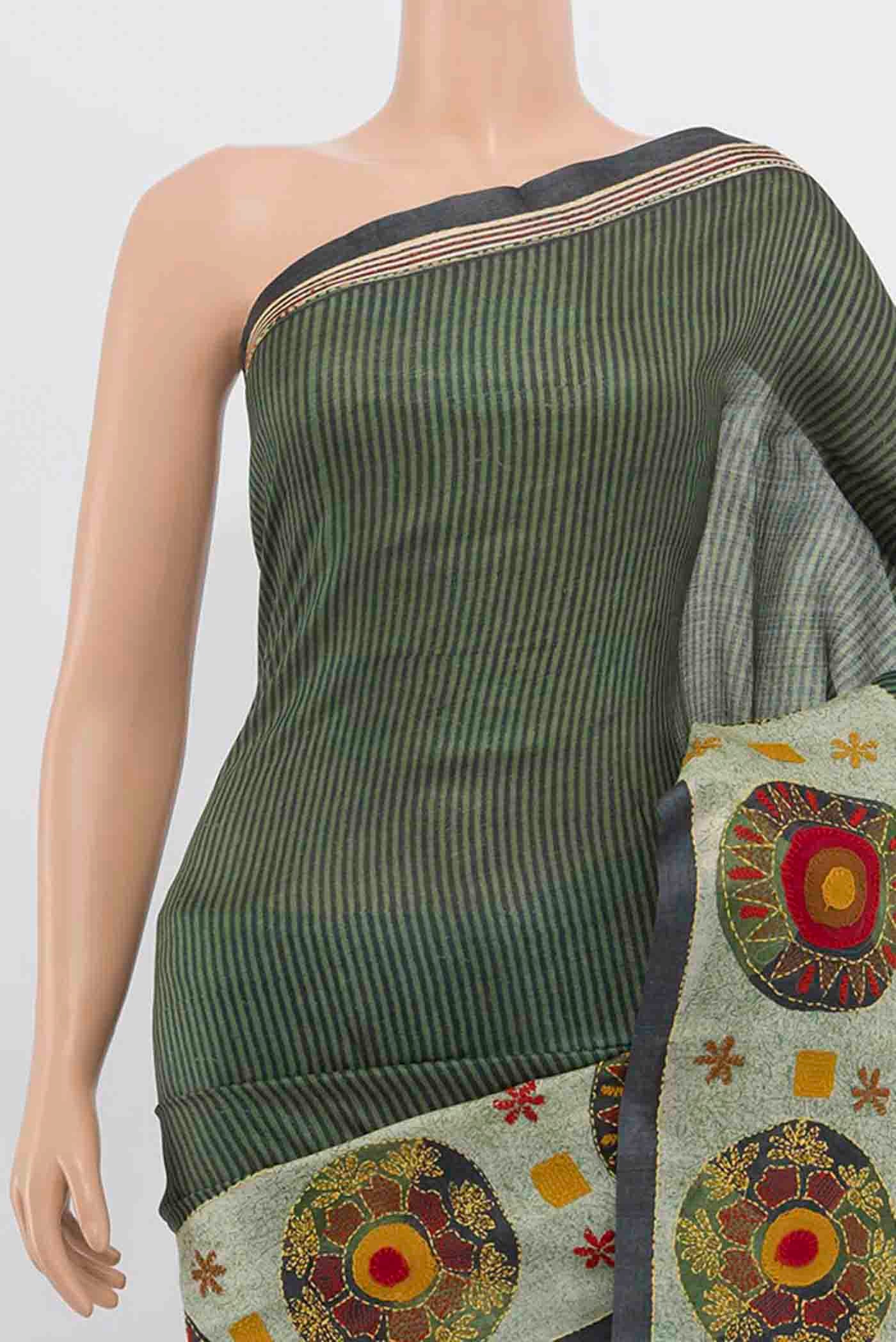 Green Tussar Silk Saree - Image 2