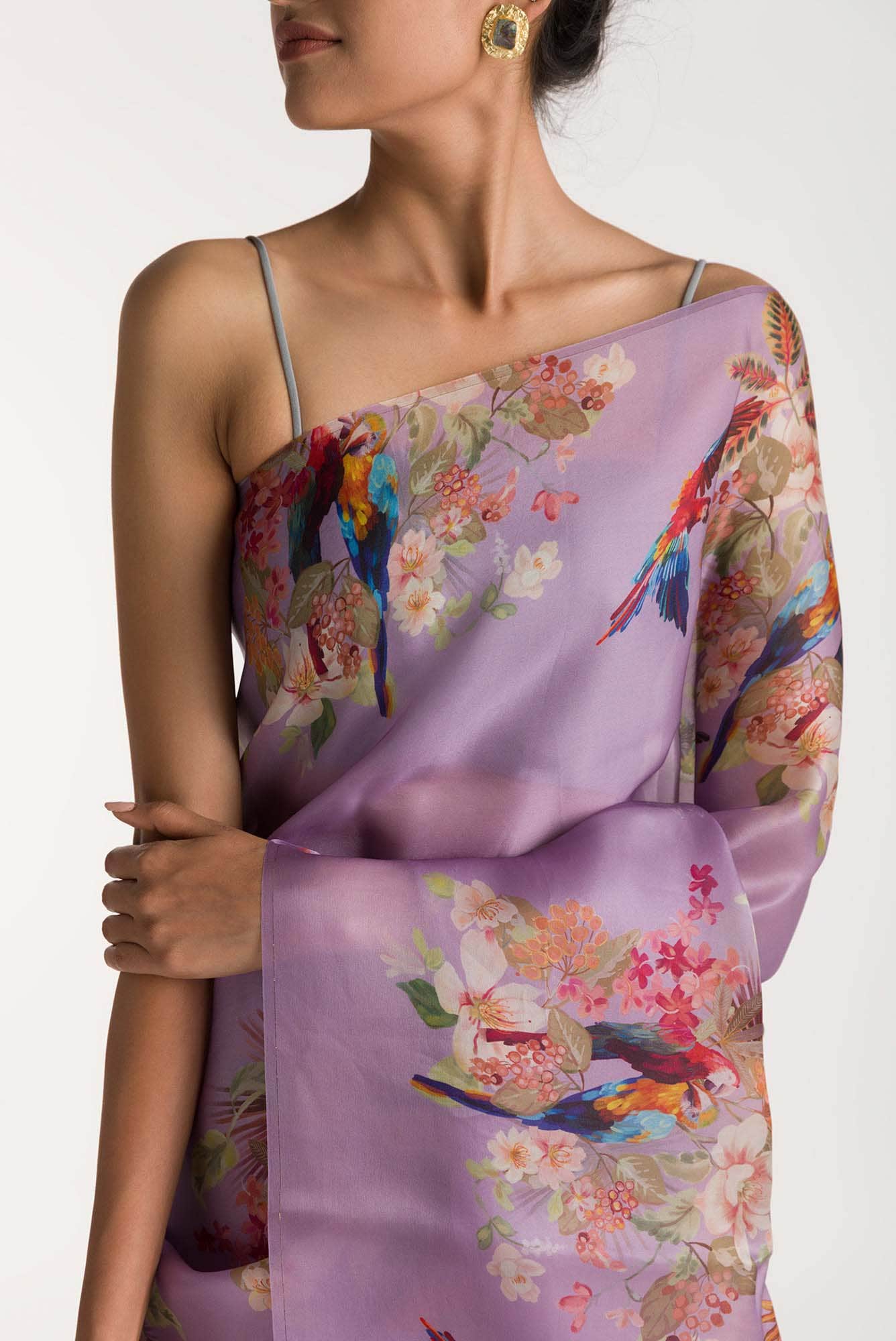 Scarlet Macaws Lilac Satin Organza Saree - Image 2