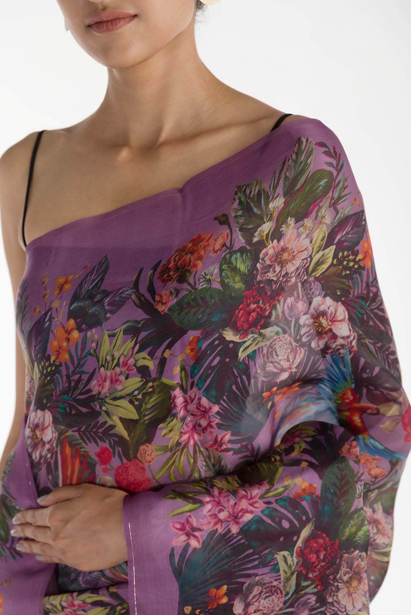 Hyacinth Macaws Deep Lilac Satin Organza Saree - Image 2