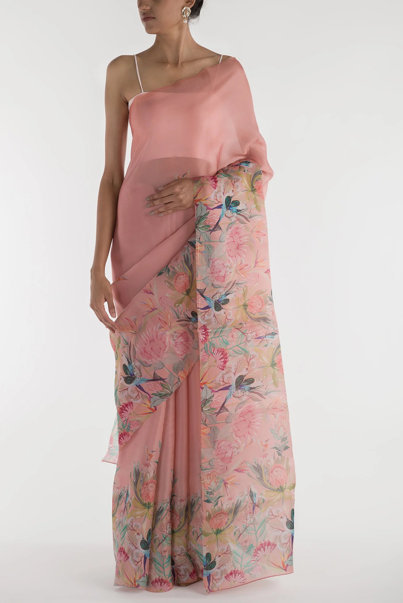 Lovers on the Branch-Peach Satin Organza Saree