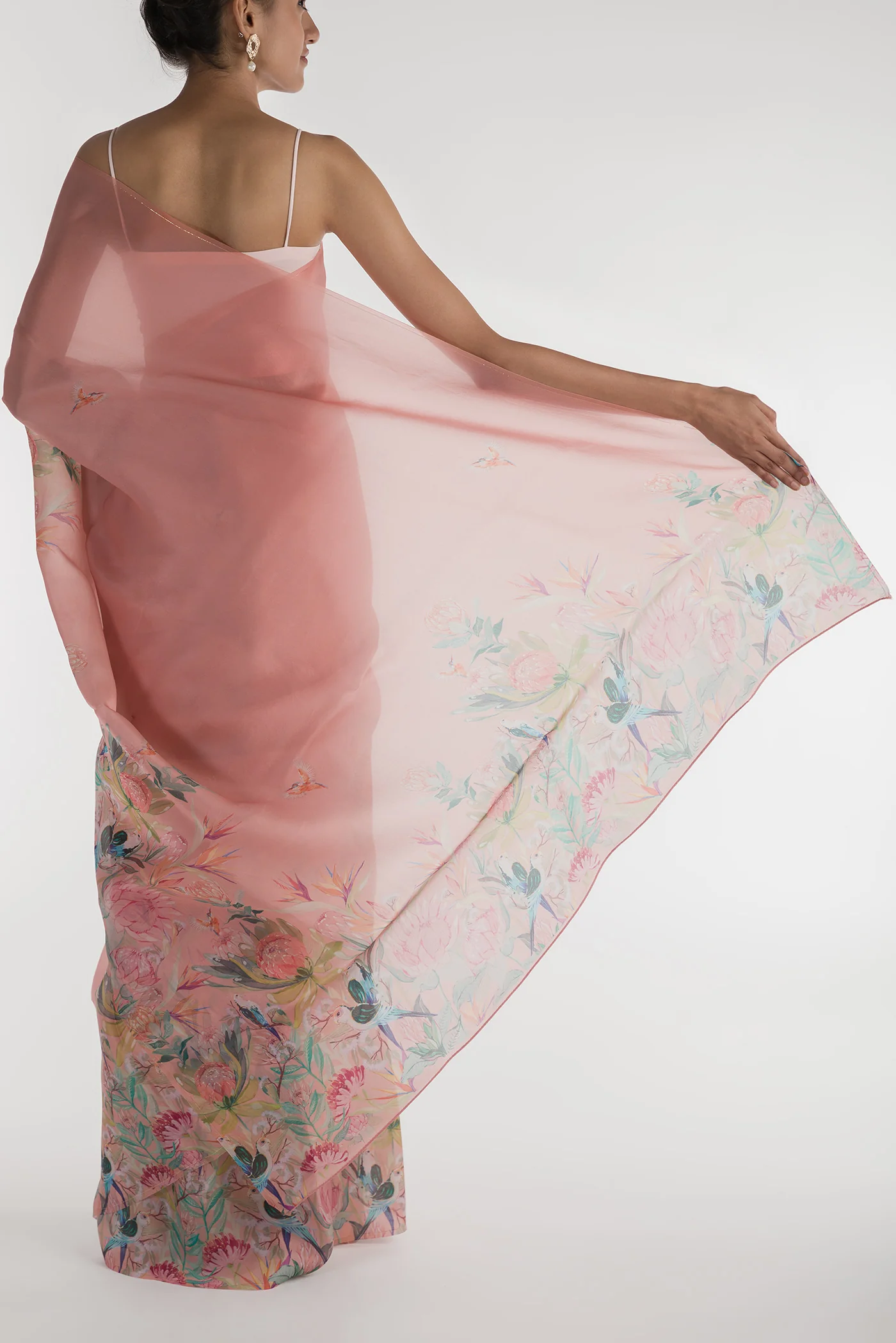 Lovers on the Branch-Peach Satin Organza Saree - Image 3
