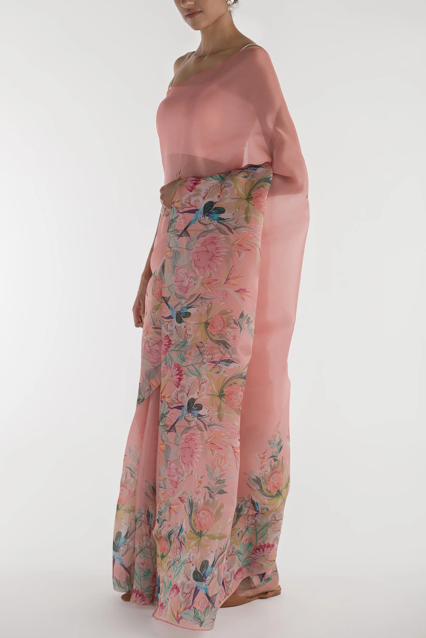 Lovers on the Branch-Peach Satin Organza Saree - Image 4