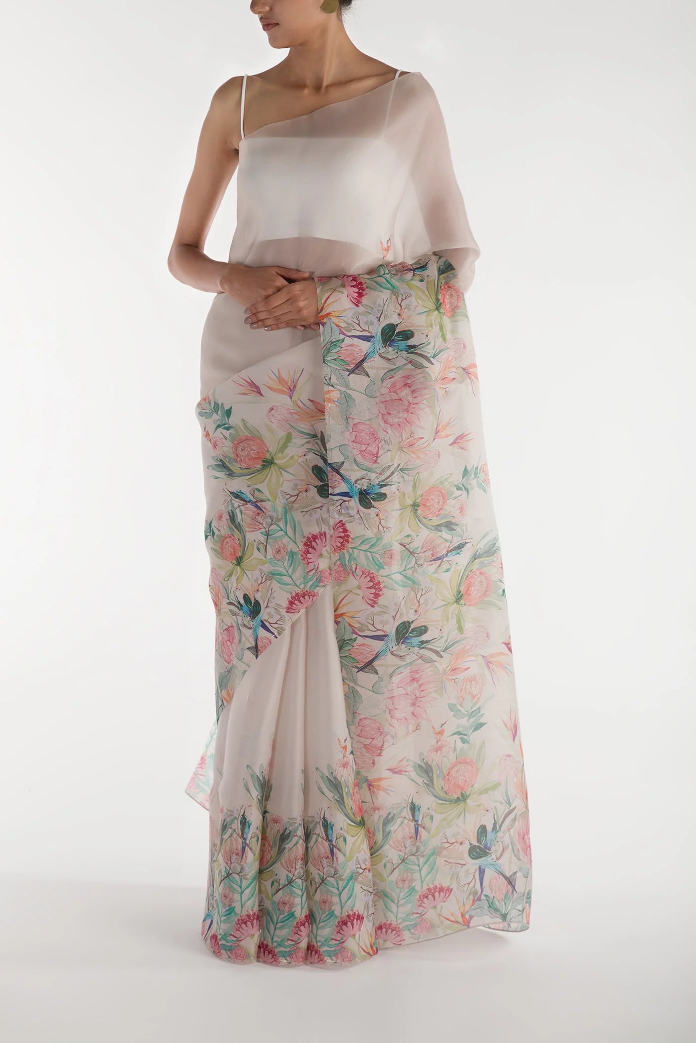 Lovers on the Branch-White Satin Organza Saree