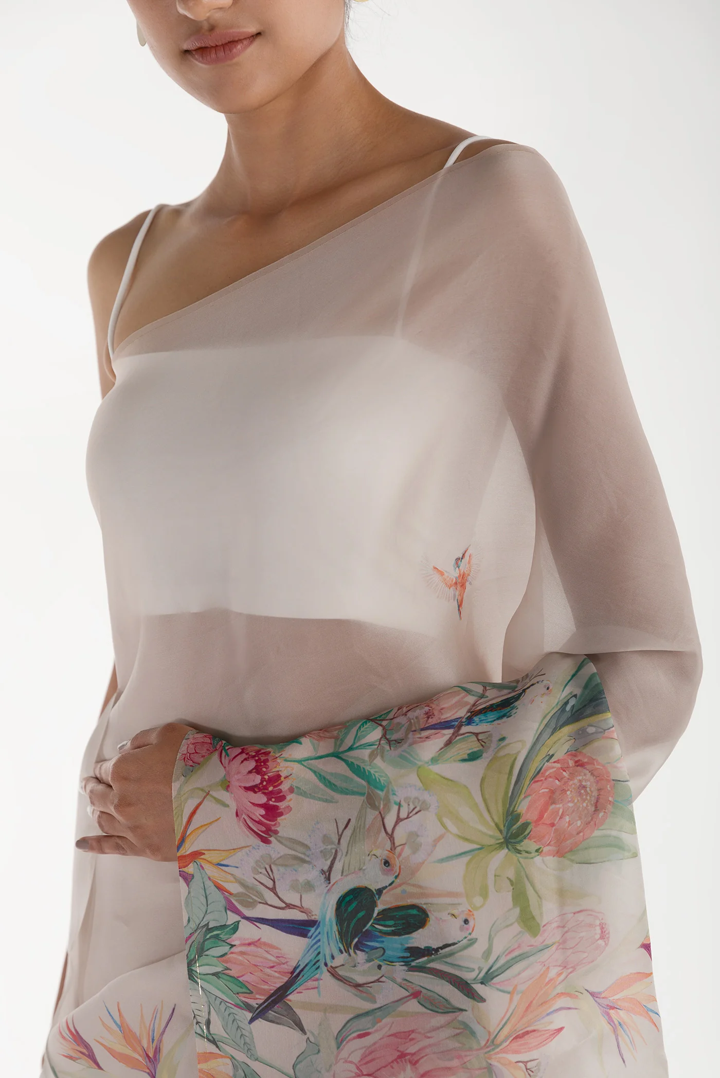 Lovers on the Branch-White Satin Organza Saree - Image 2