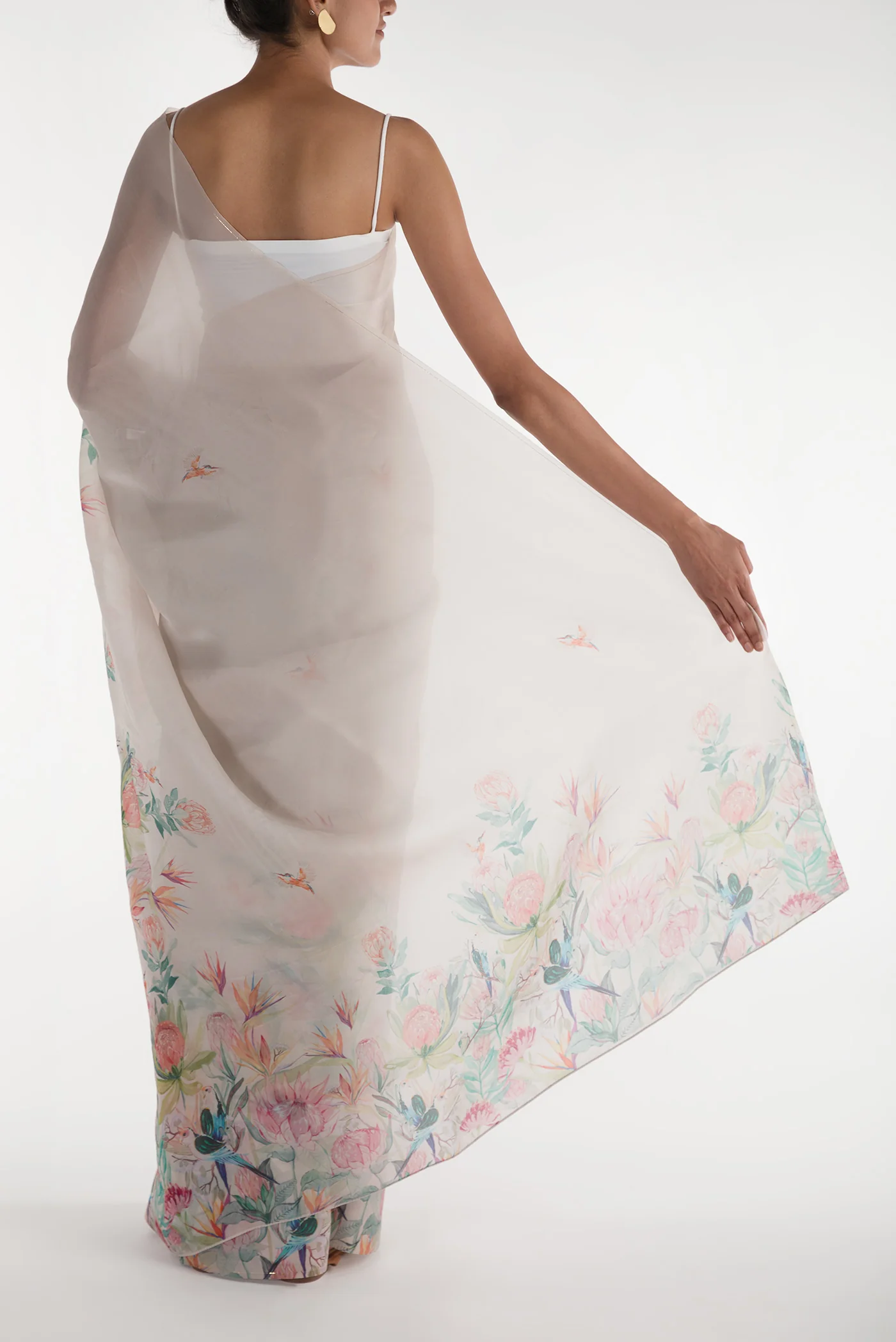 Lovers on the Branch-White Satin Organza Saree - Image 3