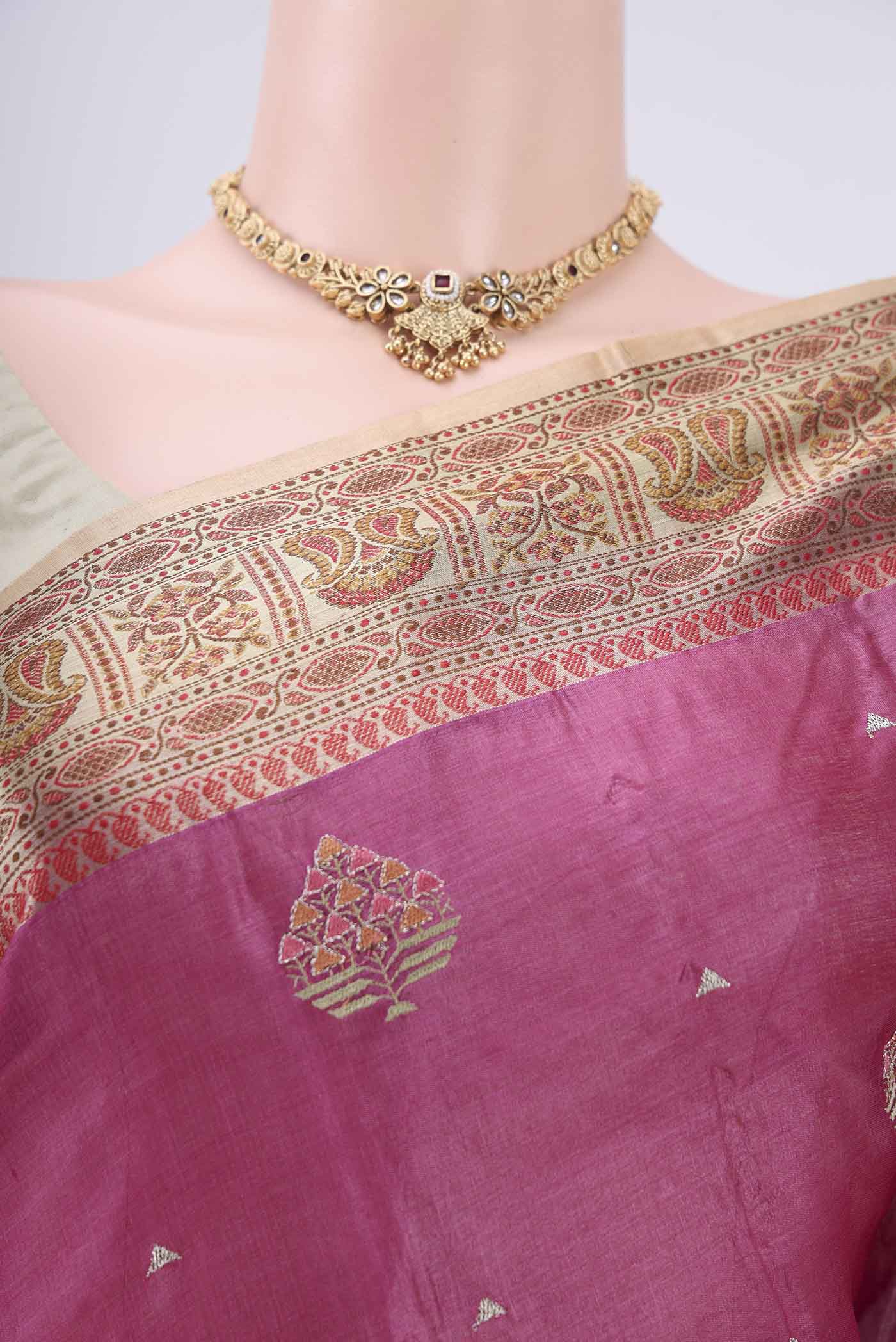 Magenta Banarasi Tussar Silk Saree - Image 2