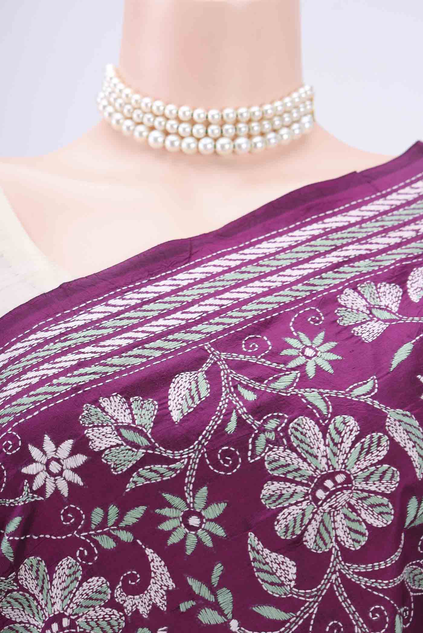 Magenta Kantha Silk Saree - Image 2