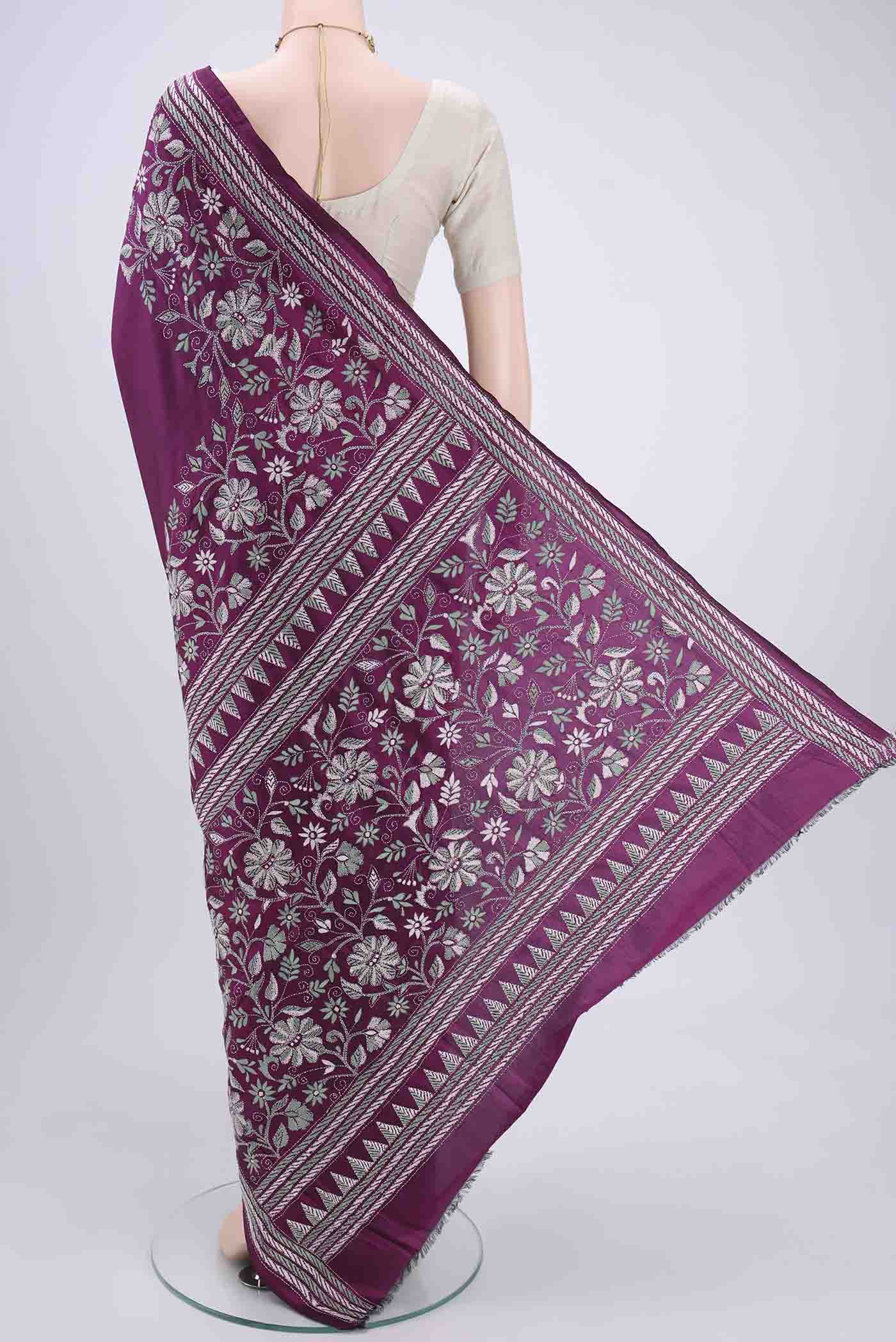Magenta Kantha Silk Saree - Image 3