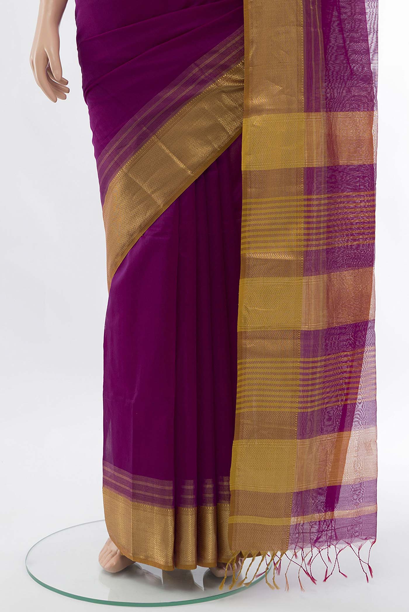 Magenta Maheshwari Silk Cotton Saree - Image 3