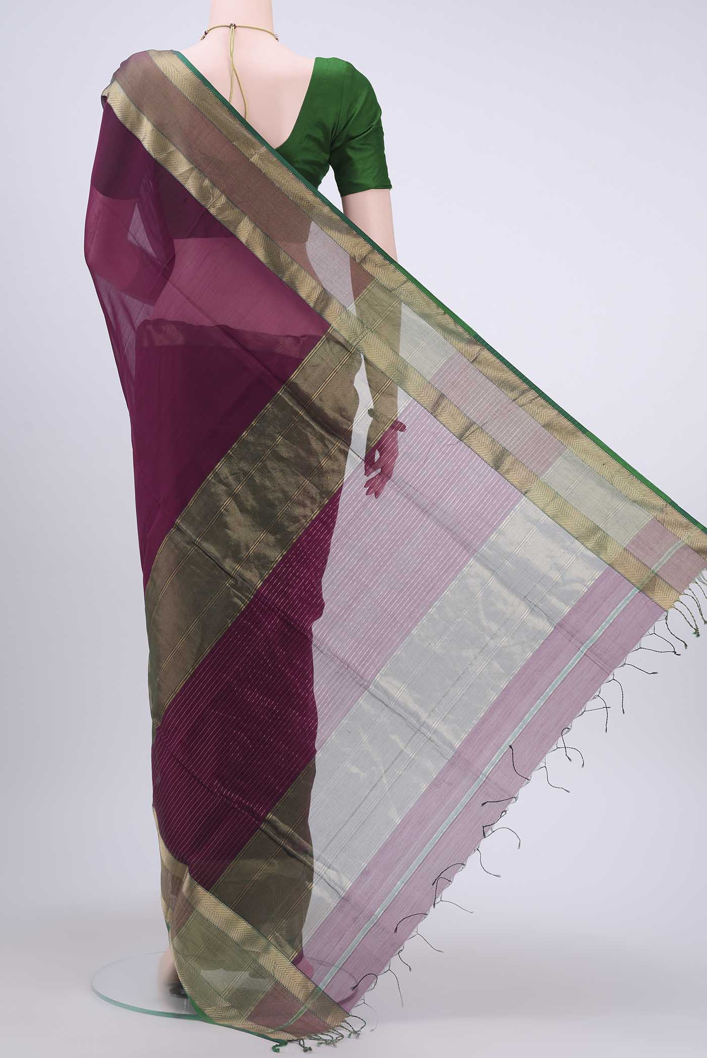 Magenta Maheshwari Silk Cotton Saree - Image 3