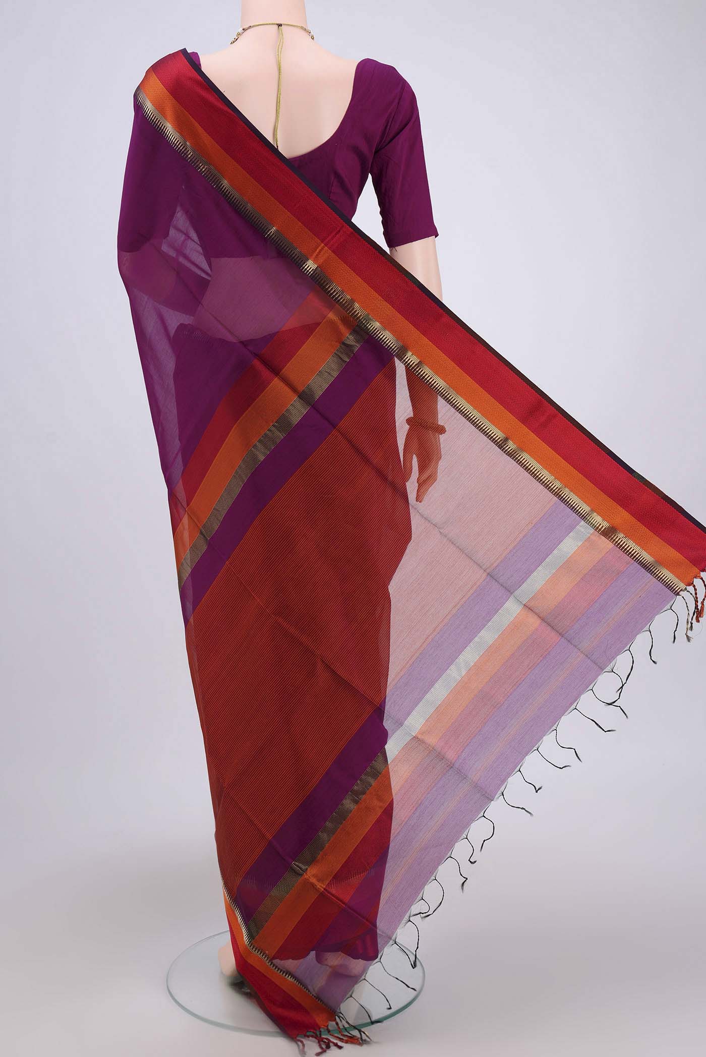 Magenta Maheshwari Silk Cotton Saree - Image 3