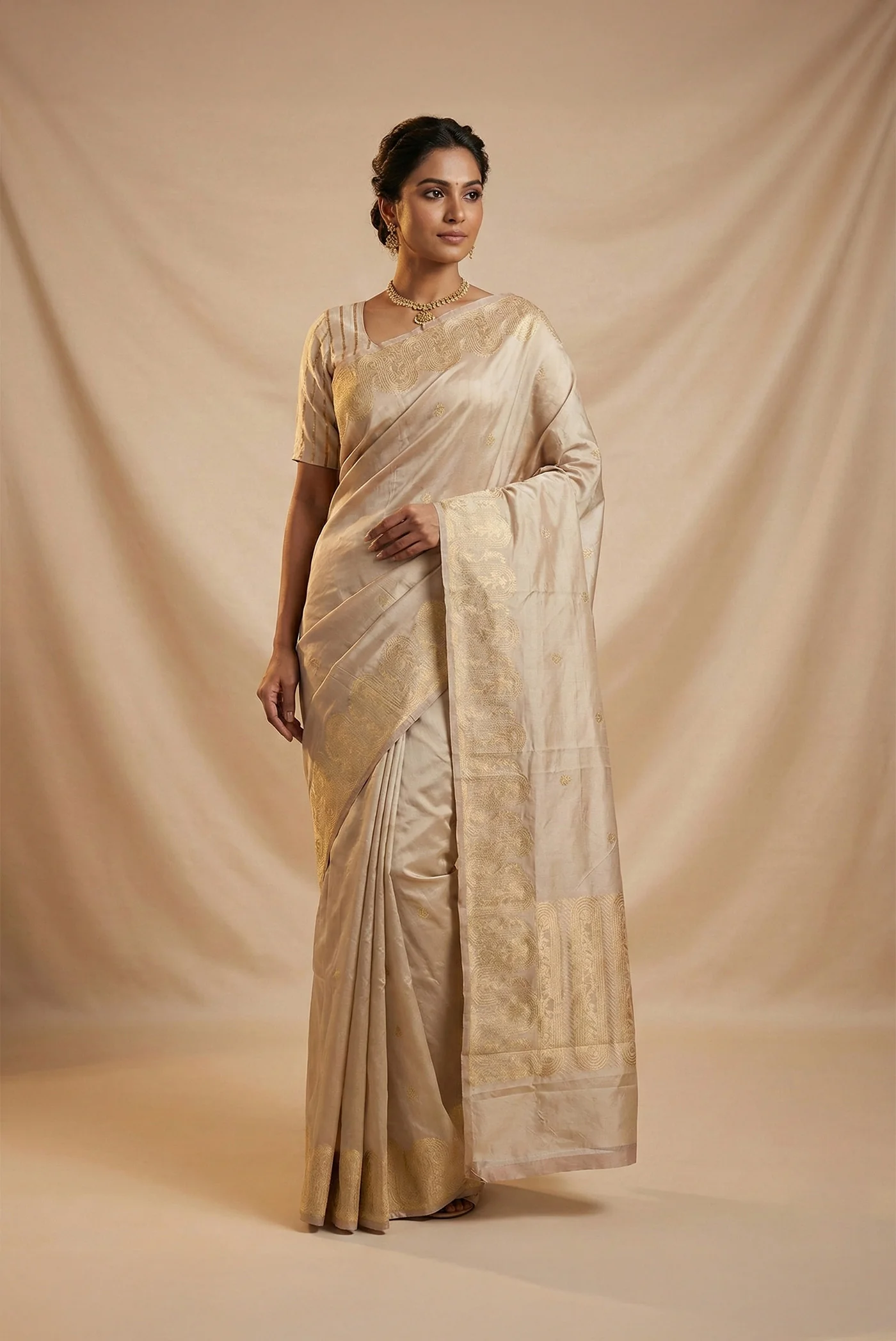 Mandhara-Beige Banarasi Katan Silk Saree