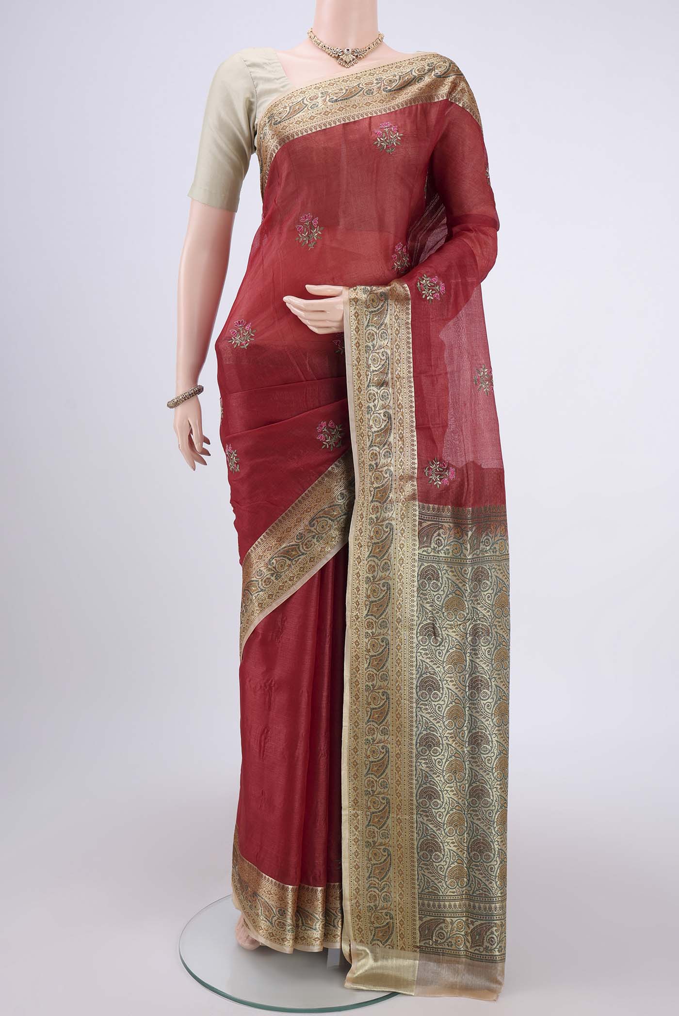 Rust Banarasi Tussar Silk Saree
