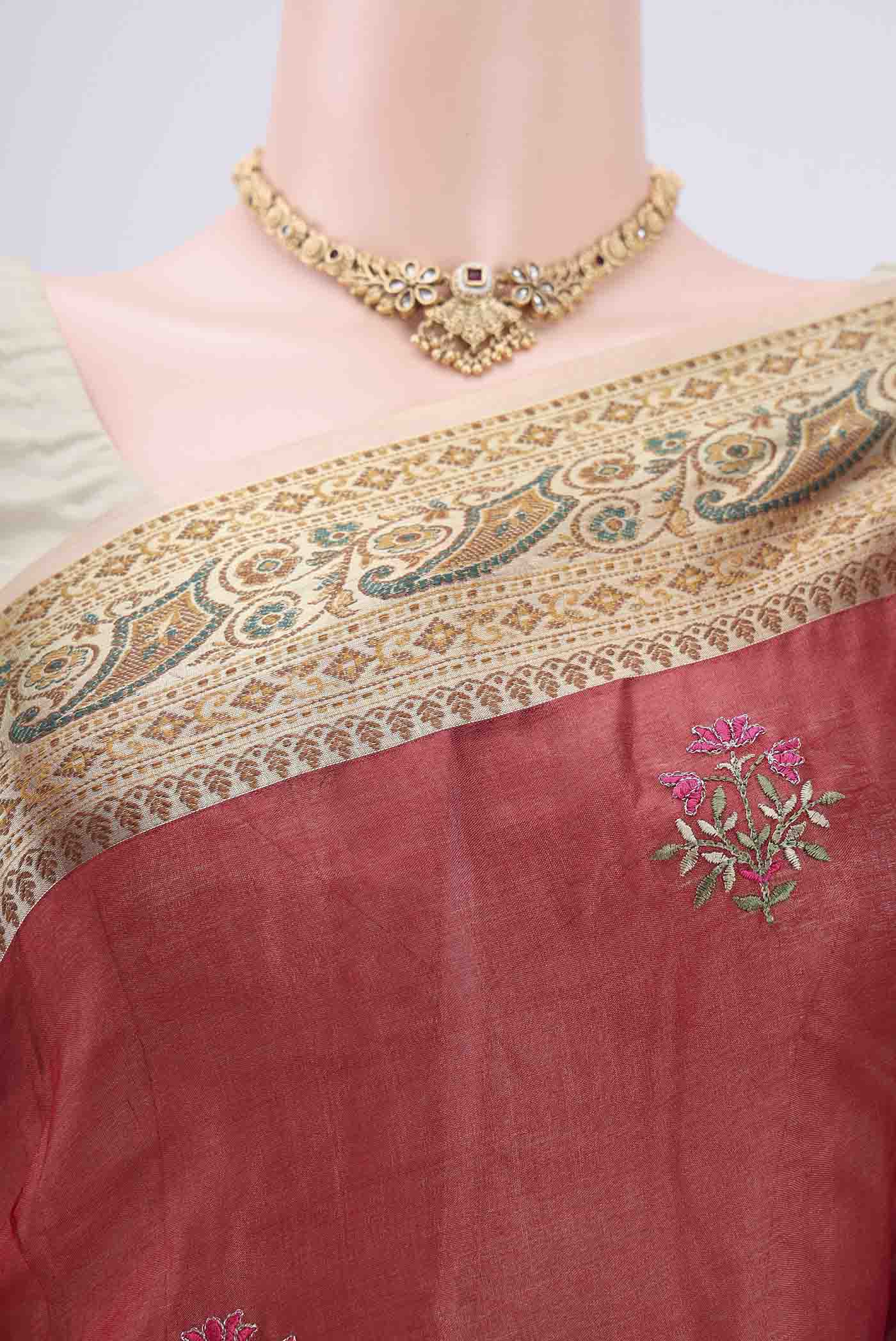 Rust Banarasi Tussar Silk Saree - Image 2