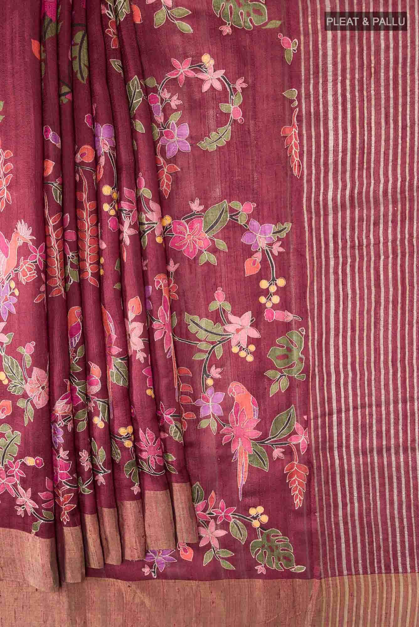 Maroon Bhagalpuri Tussar Silk Saree - Image 2