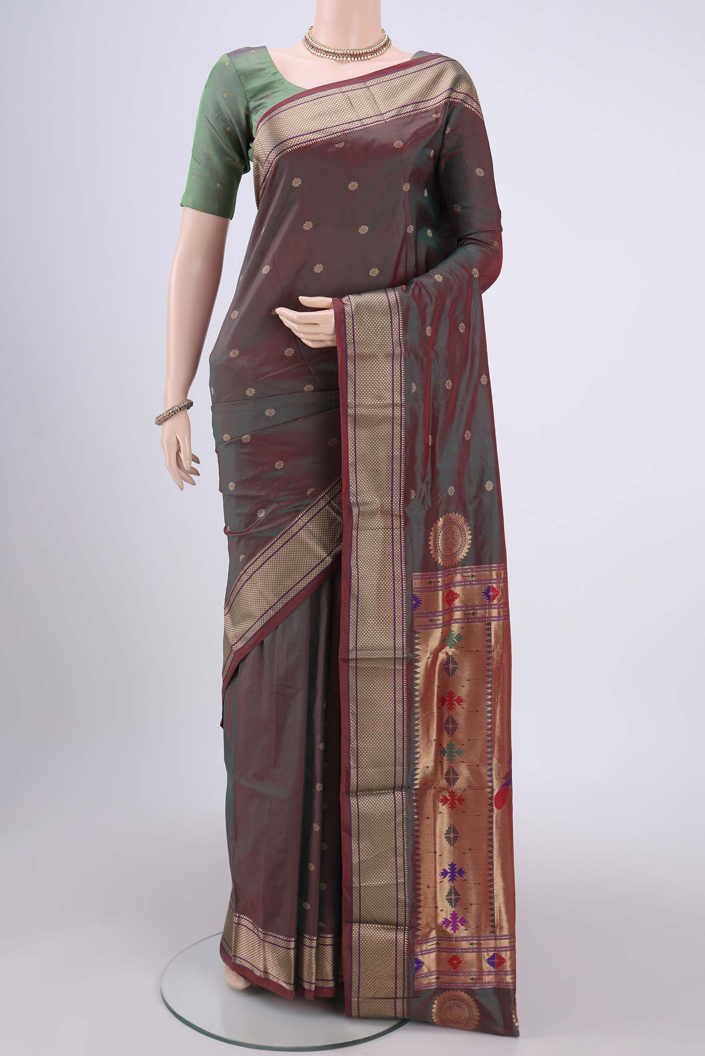Green with maroon Color Blended Paithani Silk Saree