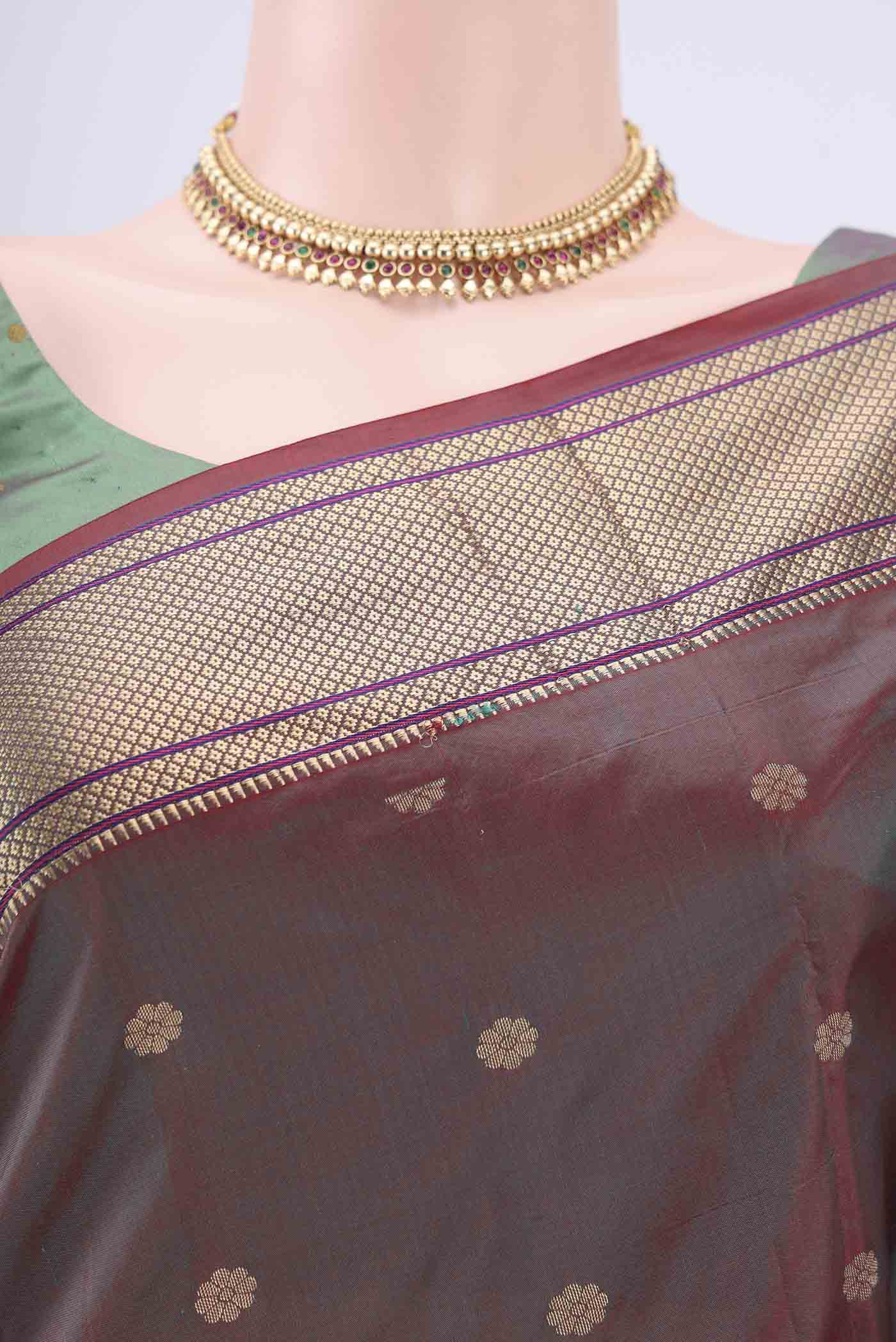 Green with maroon Color Blended Paithani Silk Saree - Image 2