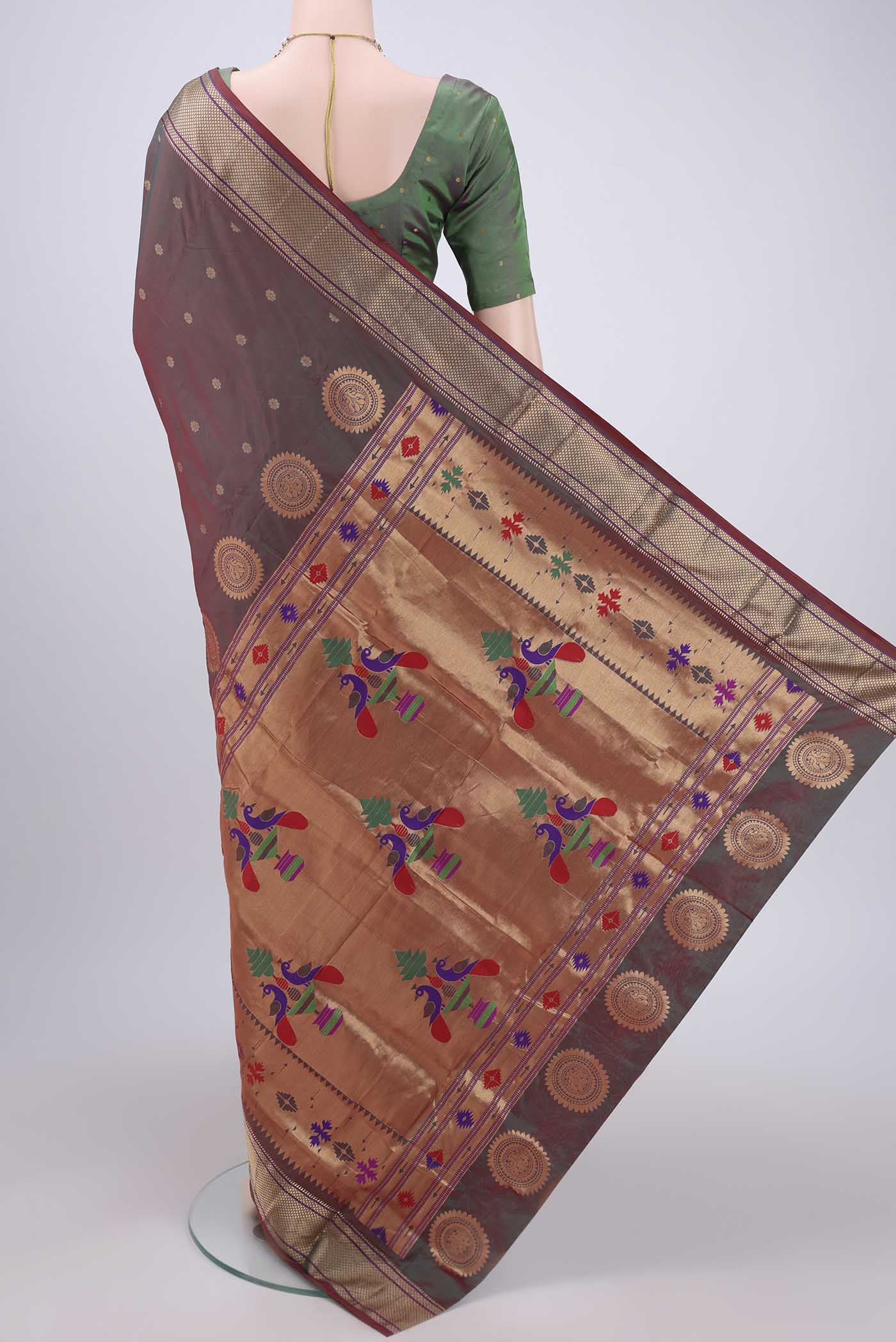 Green with maroon Color Blended Paithani Silk Saree - Image 3