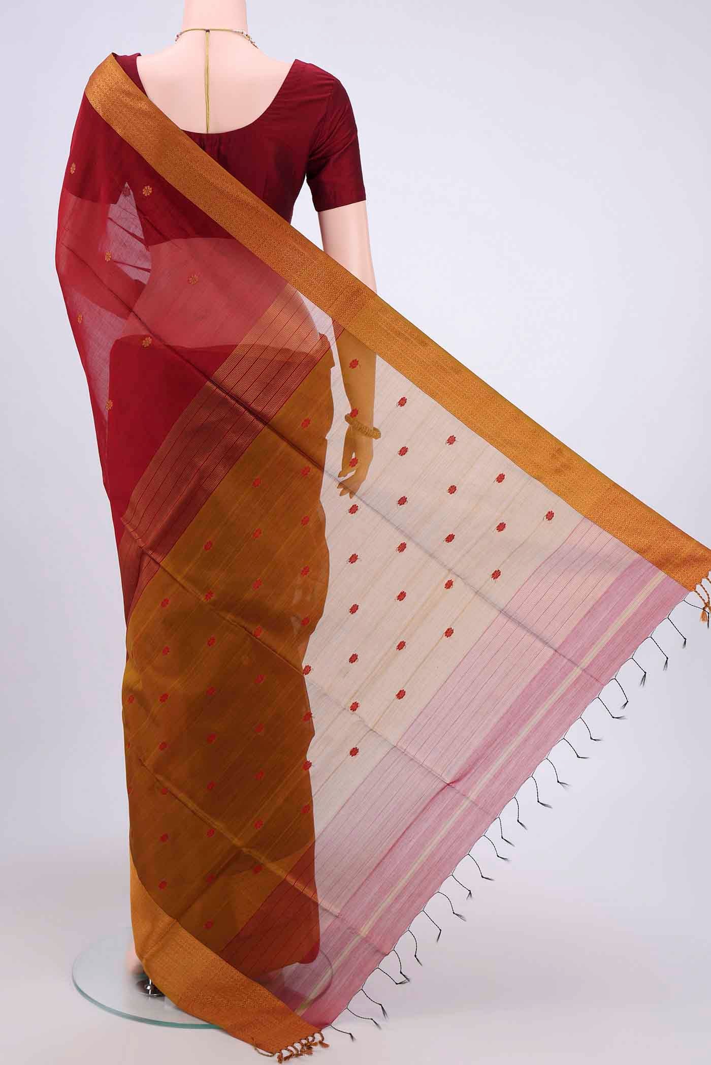 Maroon Dual Tone Maheshwari Silk Cotton Saree - Image 3