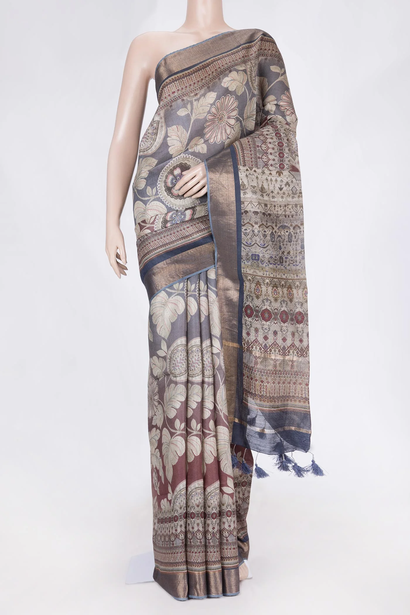 Grey Tussar Silk Saree
