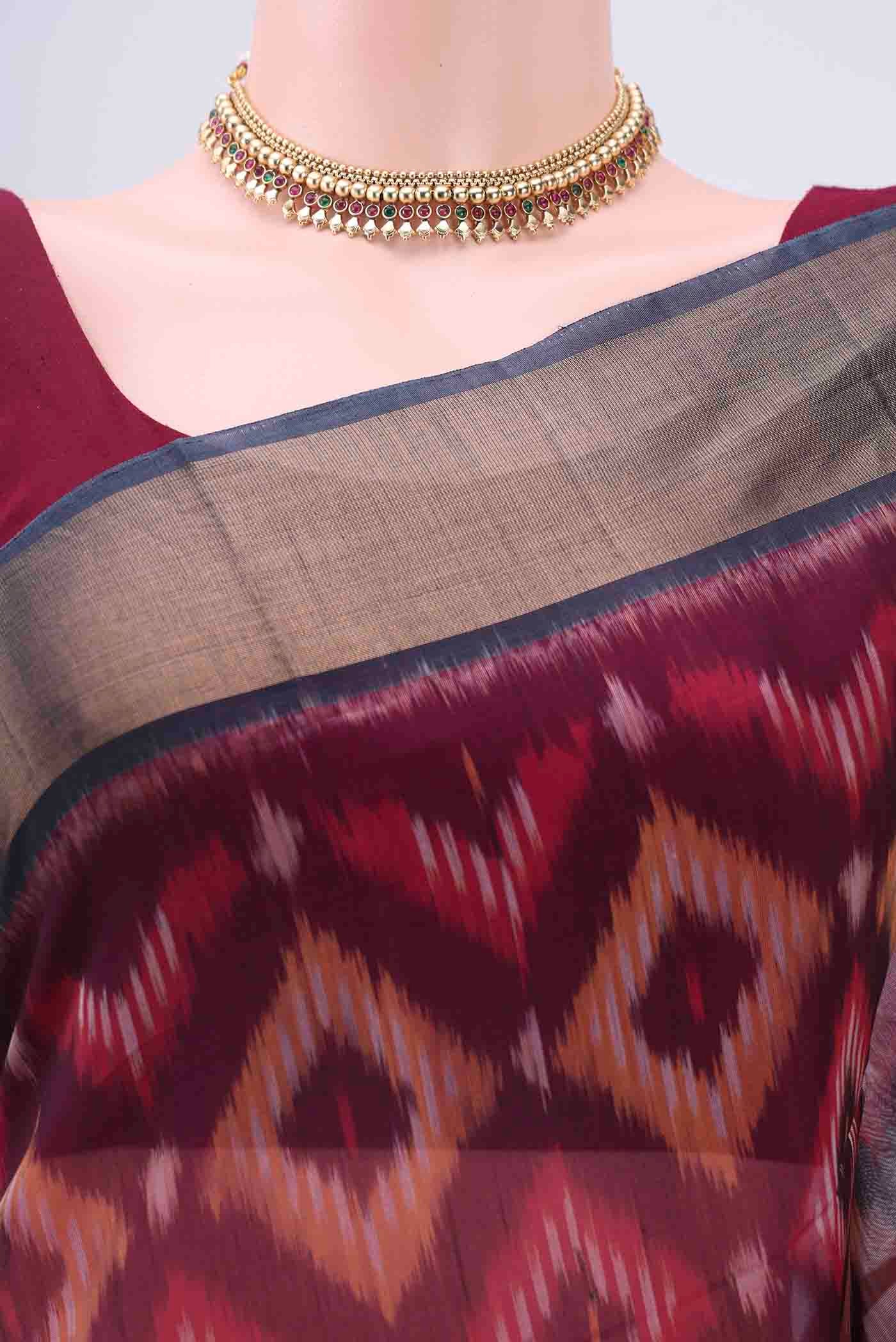 Maroon Kora Cotton Saree - Image 2