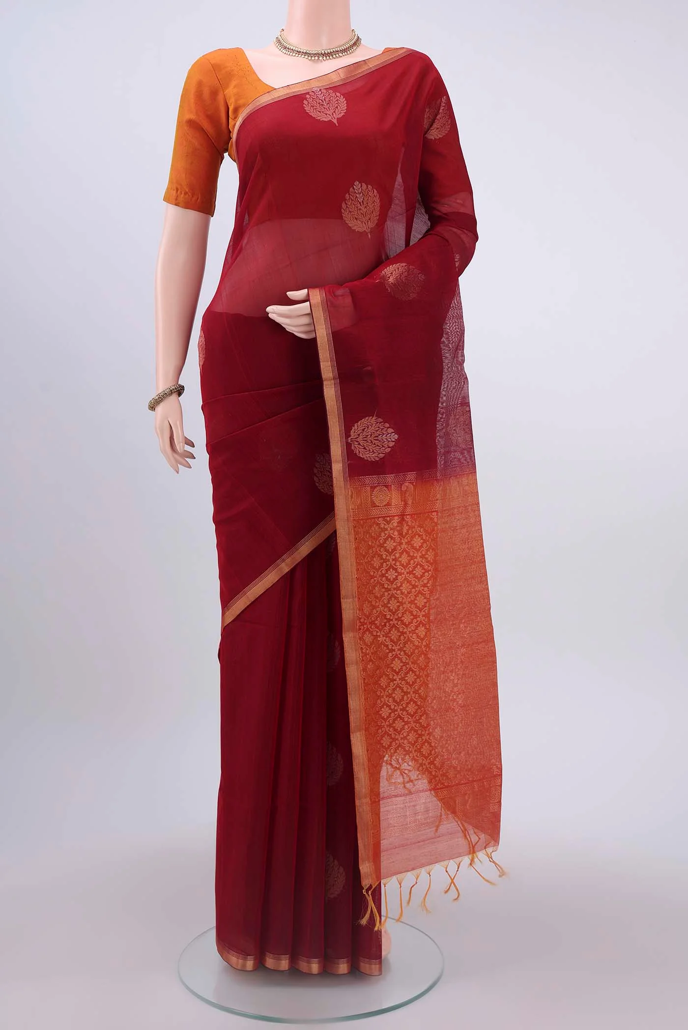 Maroon Kora Cotton Saree