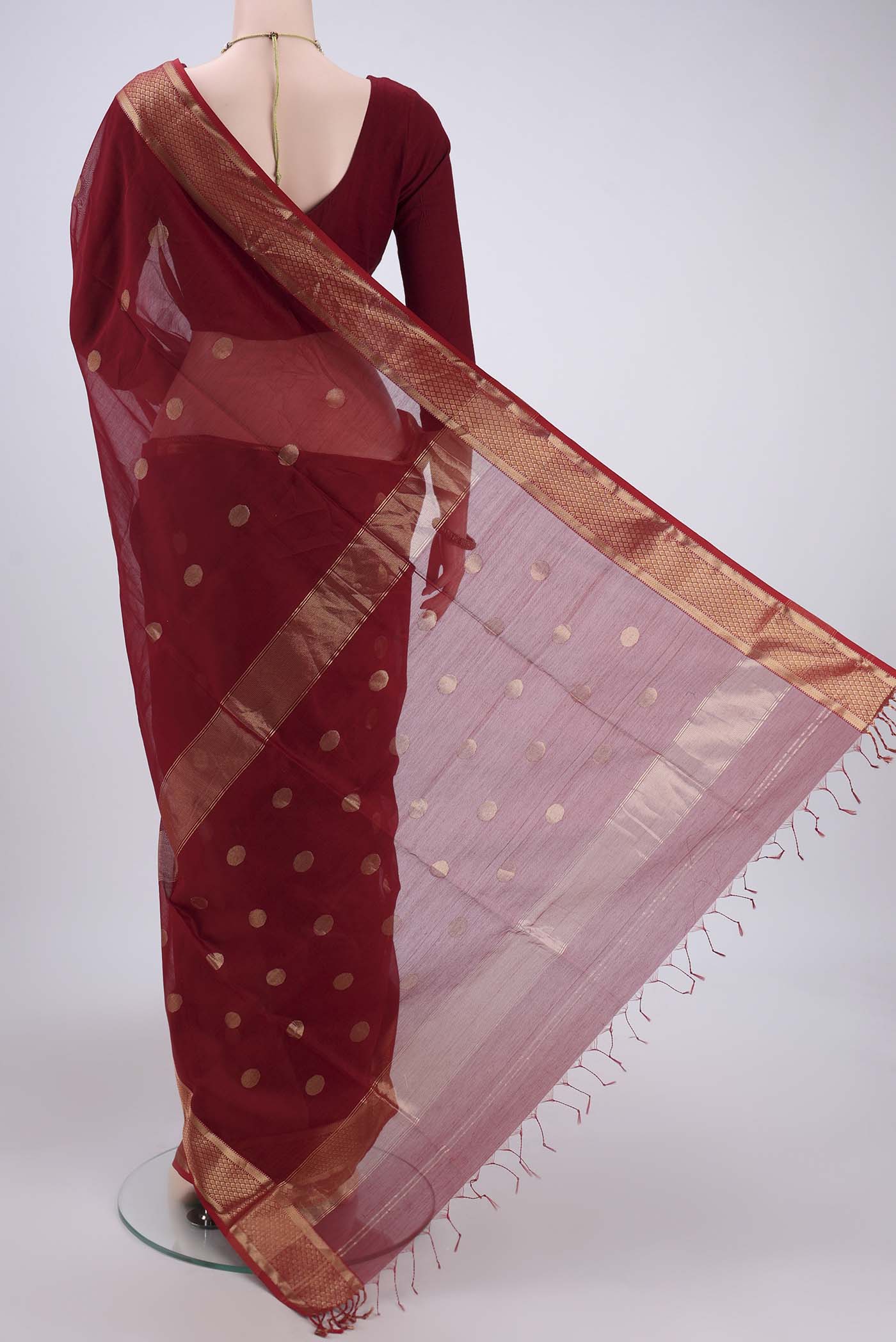 Maroon Maheshwari Silk Cotton Saree - Image 3