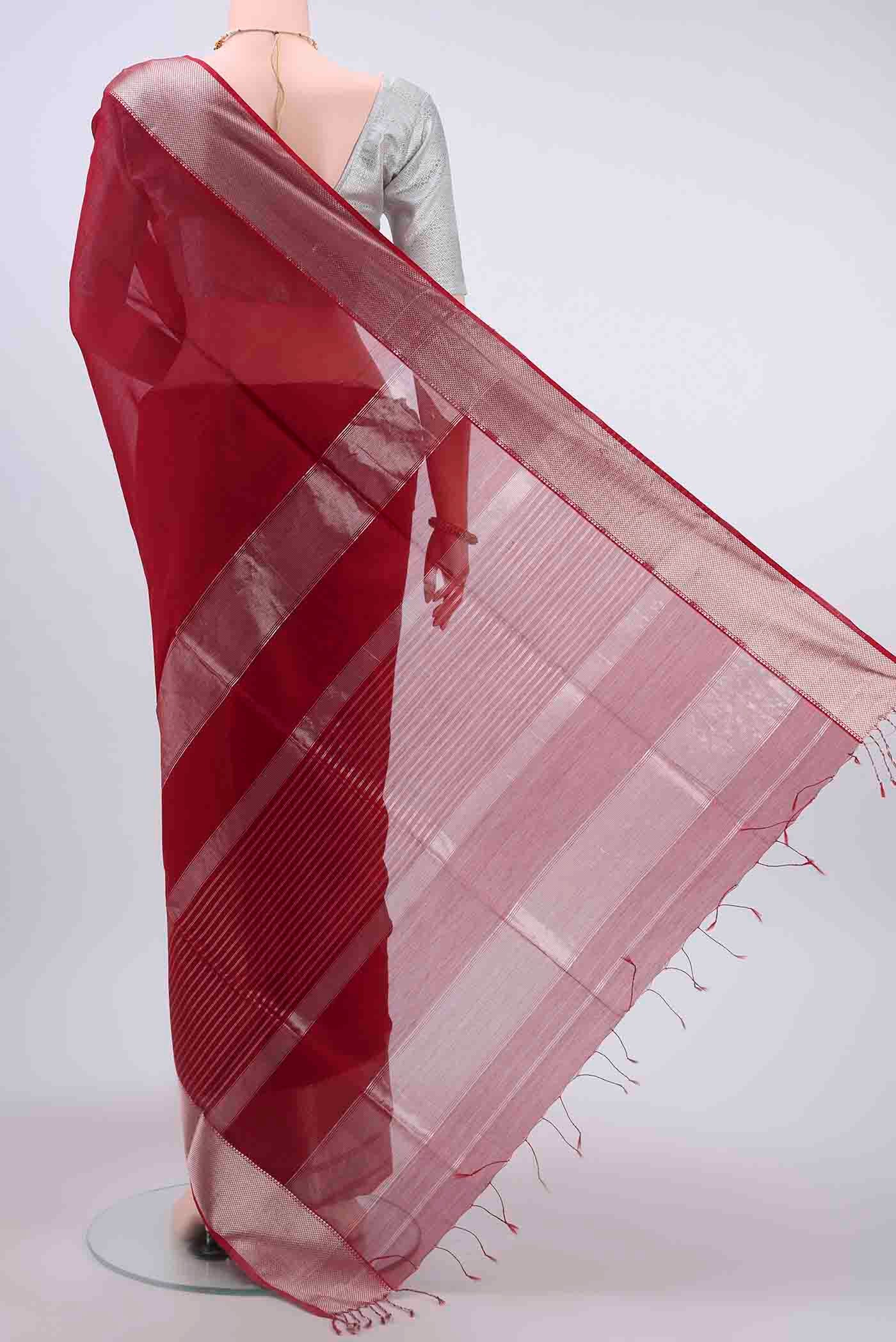 Maroon Maheshwari Silk Cotton Saree - Image 3