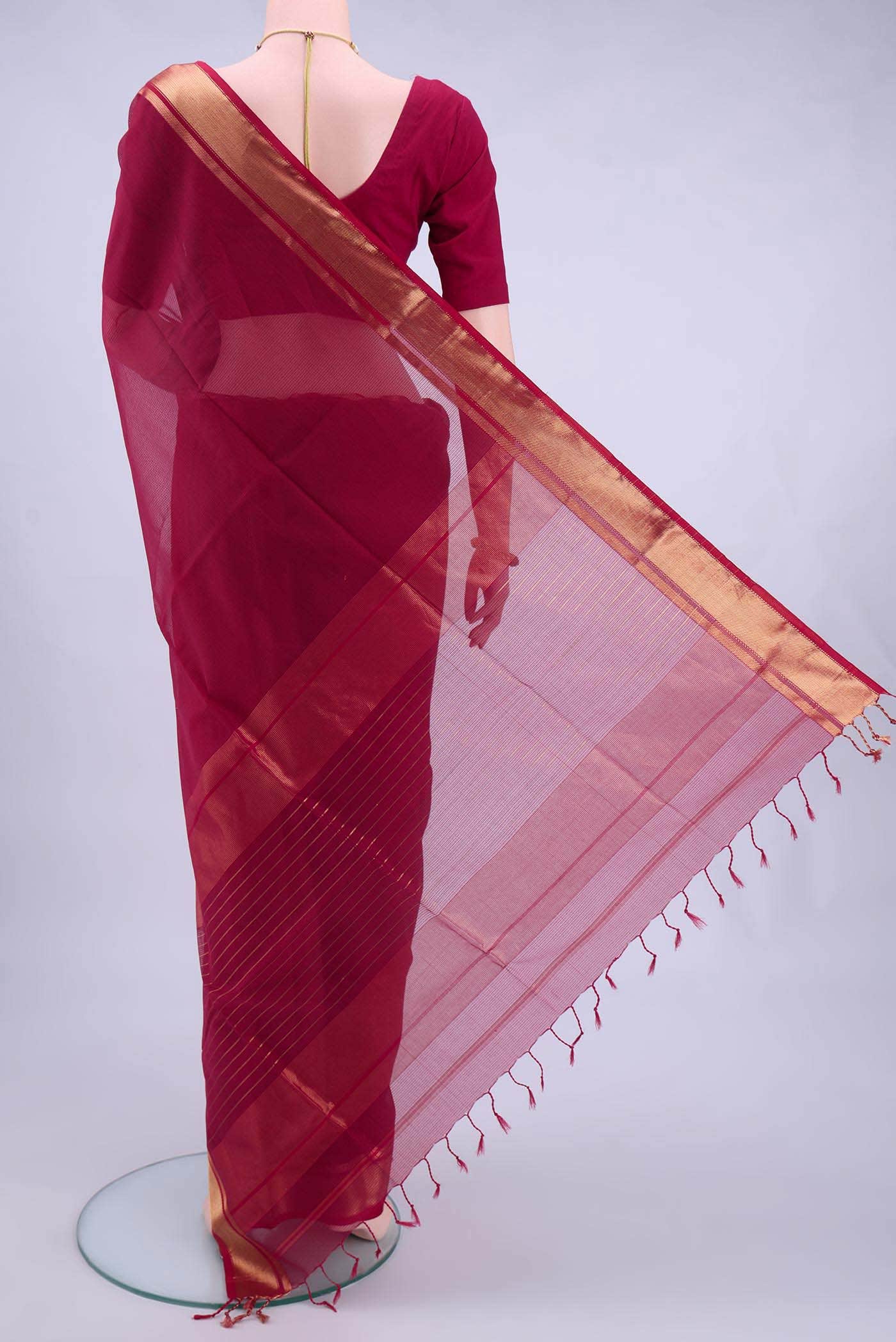 Maroon Maheshwari Silk Cotton Saree - Image 2