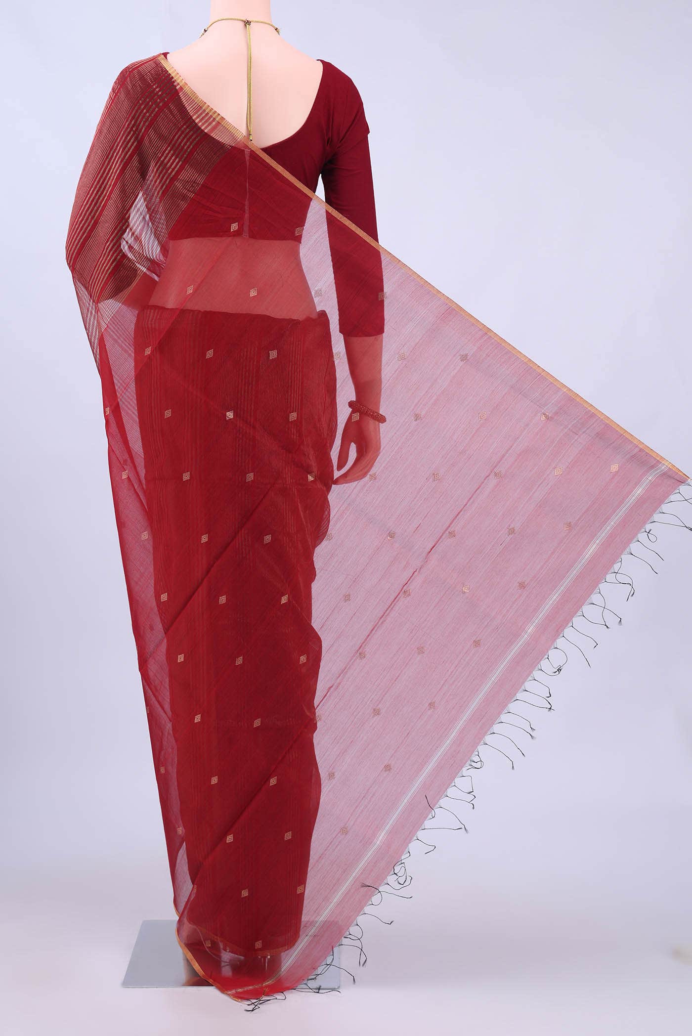 Maroon Maheshwari Silk Cotton Saree - Image 2