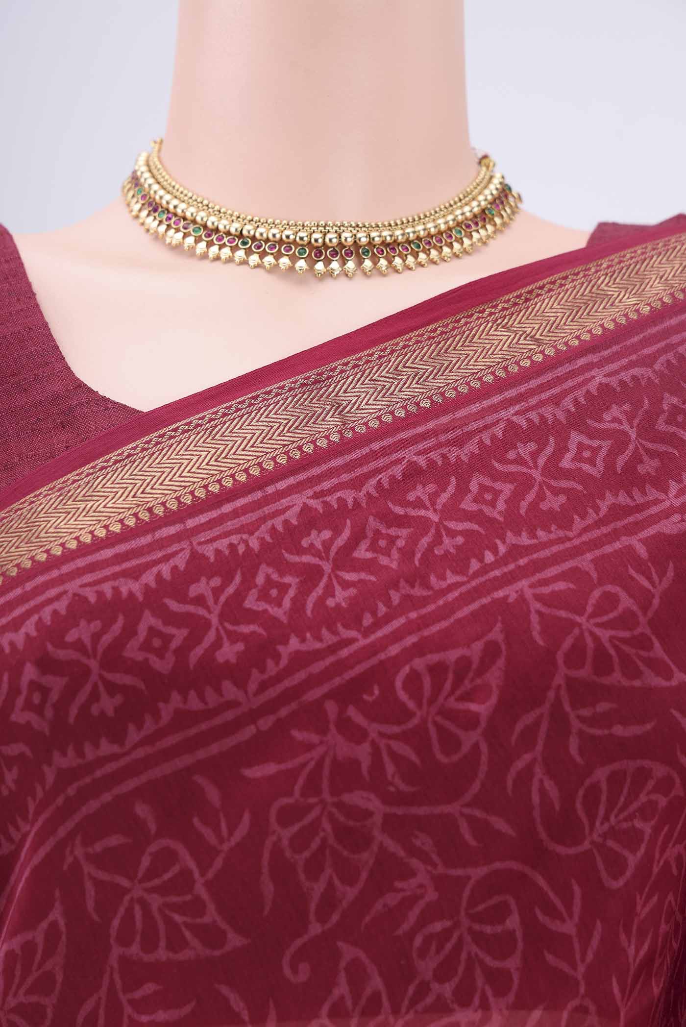 Maroon Maheshwari Silk Cotton Saree - Image 2