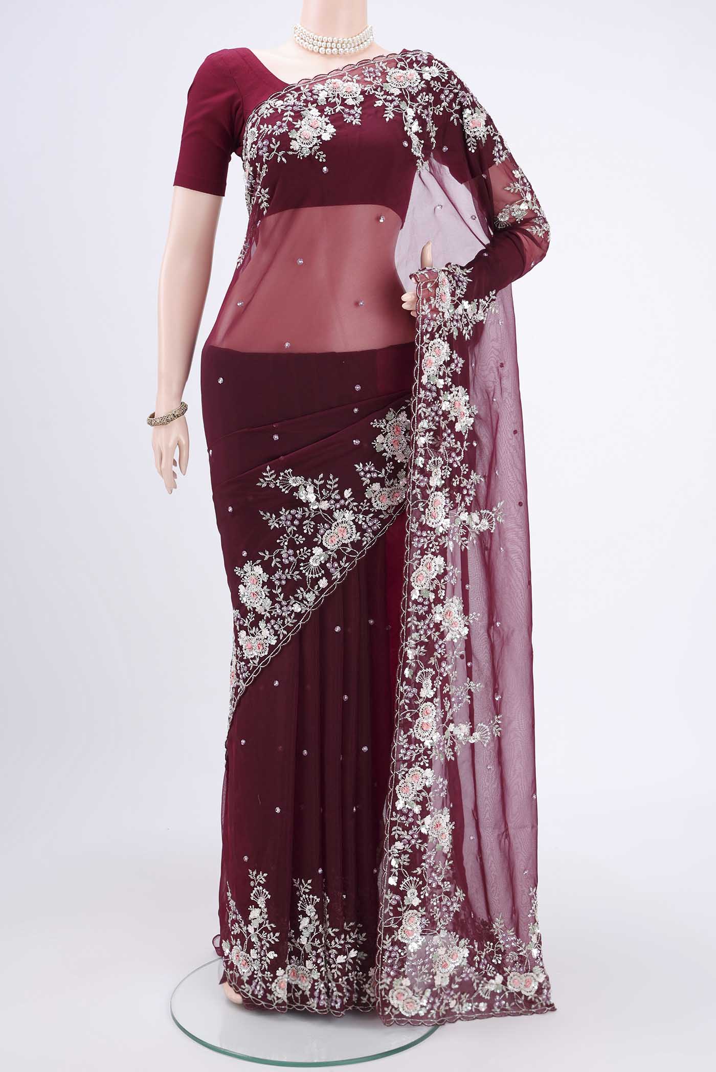 Maroon Organza Silk Saree