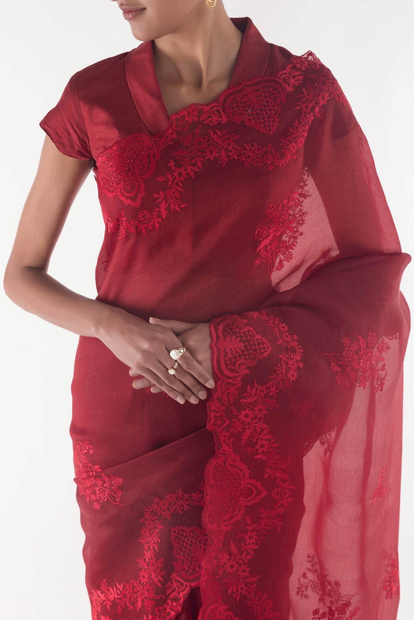 Peonia Maroon floral design saree from Embroidered Romance Collection by Nalli - Image 3