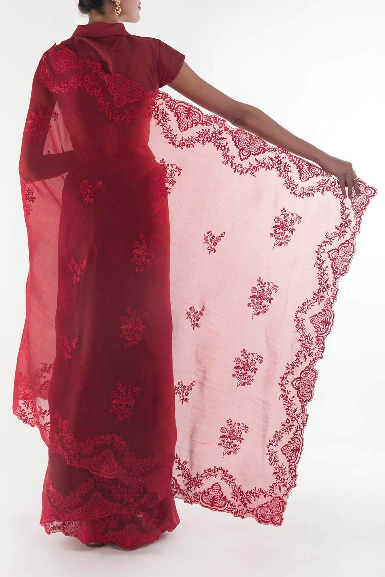 Peonia Maroon floral design saree from Embroidered Romance Collection by Nalli - Image 4