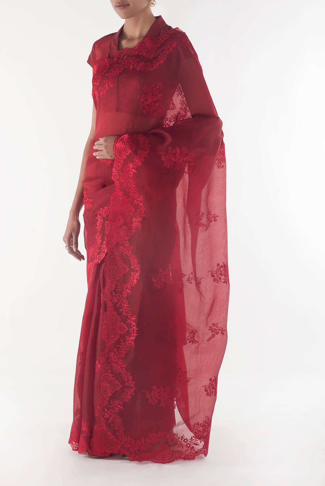Peonia Maroon floral design saree from Embroidered Romance Collection by Nalli - Image 6